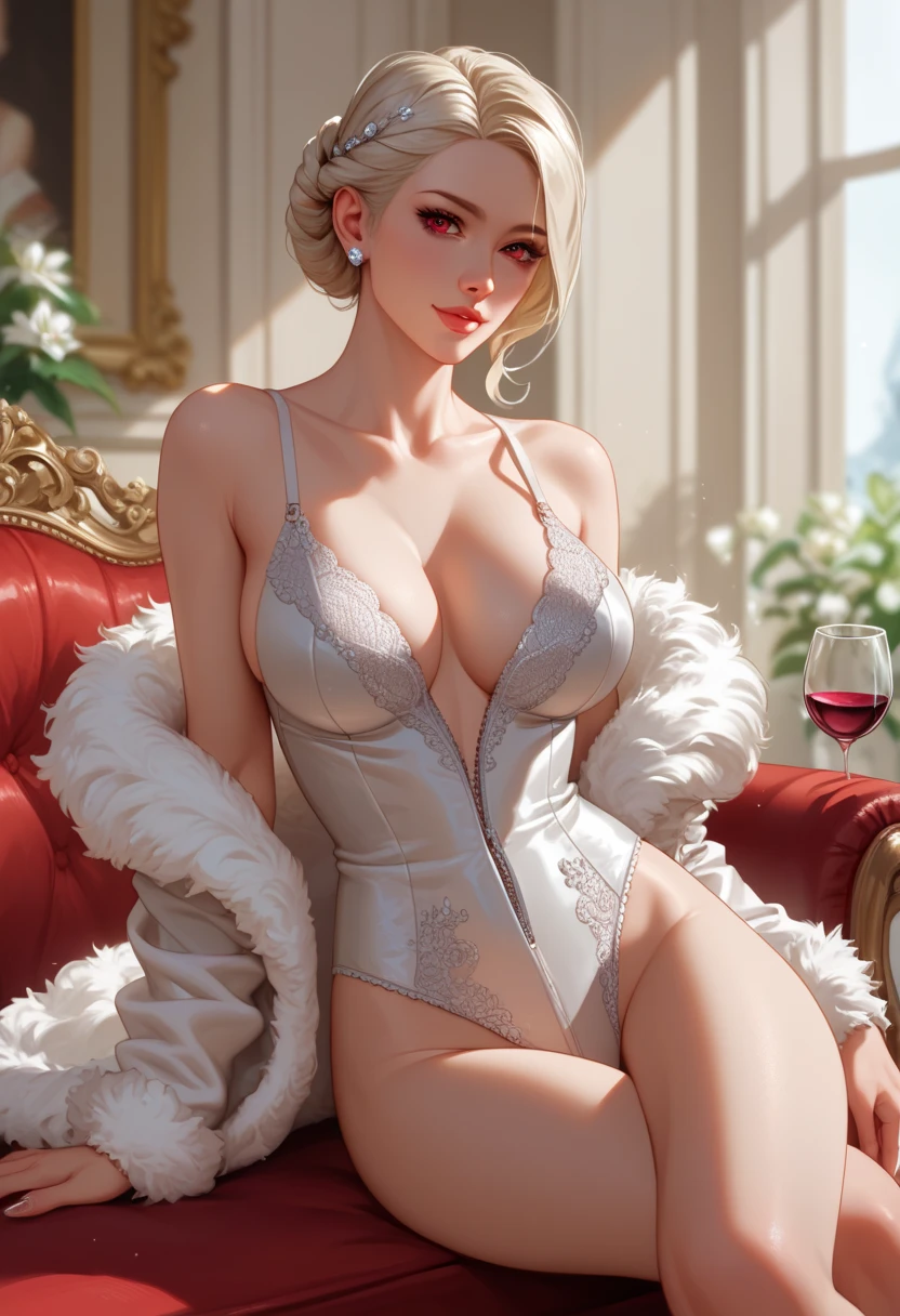(()) ((tall beautiful supermodel)) ((Big bright blue eyes)), ((dark eyeshadows make up)) ((bright red lipstick)), ((with seductive gaze)) ((very long messy platinum blonde hair))((huge breasts:1.5)) ((perfect slender body:1.3)) ((sultry figure:1.4)) ((wears big fluffy white mink coat, sexy tiny string thong lingerie bottom, garterbelt)) ((choker, stocking)) ((drinking glass of wine)) ((very relaxed pose reclined on luxury couch for photoshot)) ((inside photo  studio with black background and white light reflectors on her)), ((high definition:1.5), ((amazing lights and shadows)) ((masterpiece:1.5))((8k:1.5)) ((Best quality:1.4))