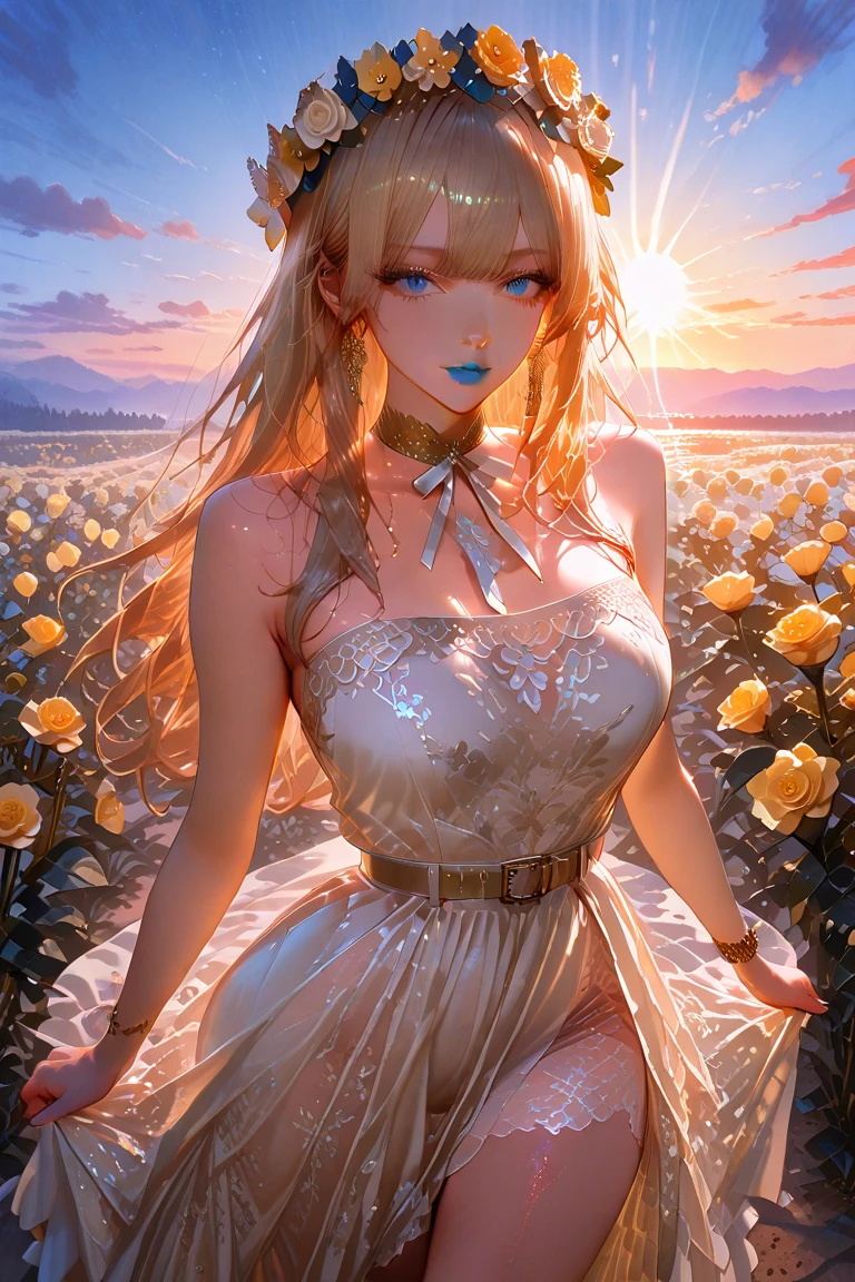 Exquisite and charming anime style illustration, alucard fusão com sarada dark fênix in the daisy flower bed, a beautiful girl with blond hair, blue eyes, half body, hiding in the flowers dark black , colorful and dazzling black . Intricate details, rendering and painting techniques come together to create a mesmerizing scene that evokes elegance and otherworldly elegance.