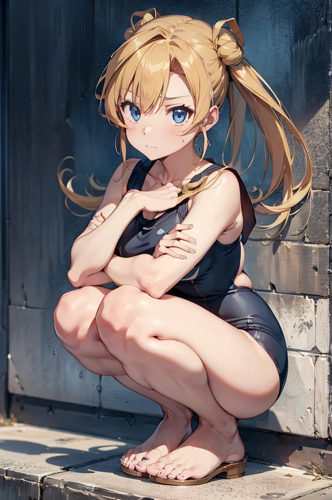 ((highest quality))、((8K))、((High resolution))、((masterpiece))、((Super detailed))、((One :1.4))、((Looking at the camera from the side))、((sit))、golden hair that shines golden、Eyes with different colors on each side that sparkle like jewels、beautiful and smooth long hair、Big, strong eyes、(big smile:1.4)、((Perfect and beautiful fingertips))、(School swimsuit with deep dark color:1.4)、(black stockings)、Clothes come off