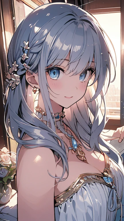 ((masterpiece)),((best quality)),(ultra - detailed),(illustration),((Extremely Delicately Beautiful)),(dynamic angle), 1girl, flowers, spring, beside window, rose, Detailed: face，long eyelasher，dim eyesight，tight-fitting，Raised sexy，head gear，queen，Pink eyes，cloudless sky，sunlights，silber hair，White lace stockings all over, 30-year-old woman, did not wear panties，8K