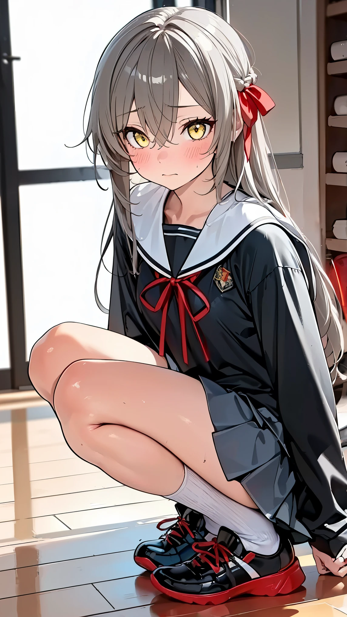 8K (high resolution) (Super Detail) (masterpiece) (best quality) detailed eyes detailed face detailed hands Delicate hair detailed wrinkles on clothes Very Exquisite Body fine skin (solo) early s yellow eyes (Grey Hair) long hair red ribbon on the side of the head ( small ) flushed cheeks embarrassed expression uniform knee-length skirt Red and black clothes sports warehouse Full Body Map see here composition from obliquely below