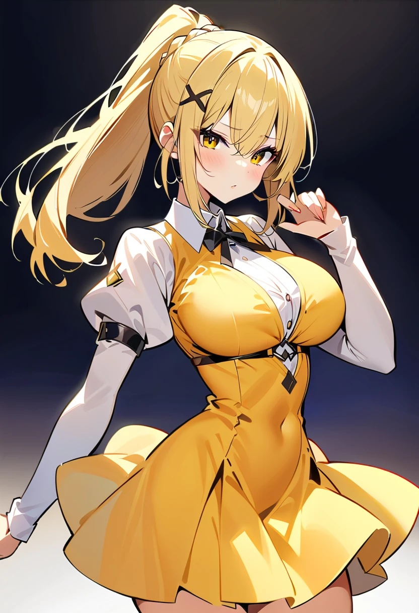 masterpiece, best quality, very aesthetic, absurdres, 1girl, mature_lady, ,darkness_(konosuba), kono_subarashii_sekai_ni_shukufuku_wo!, 1girl, long_hair, ponytail, blonde_hair, x_hair_ornament, braid, blue_eyes, large_breasts, white_armor, yellow_dress,black_bodysuit,,yandere,Blobitecture - Characterized by curved, blob-like forms and unconventional shapes.,floating_clothes