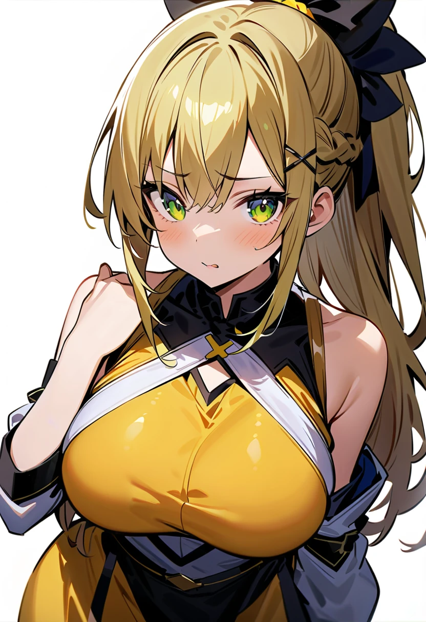 pokemoncynthia, blonde hair, hair ornament, hair over one eye, long hair, (yellow eyes:1.5), (sensitive smile:1.2), (full tight latex bodysuit),looking at viewer, (Upper body:1.1),(Look at the front:1.1), indoor hall,((masterpiece)),((best quality)), high resolution,8k UHD,(beautiful detailed eyes:1.5), extremely detailed face,ultra detailed,perfect anatomy,arms behind back,((solo)),((1 girl)),(large breasts:1.5),perfect image,slim waist,