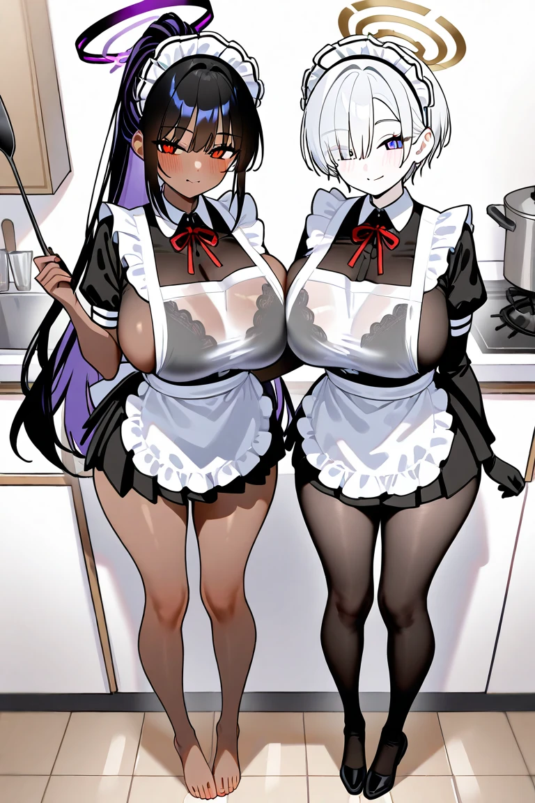 ((2 girls))、((smile))、blush、black shirt、blouse、((fun))、(small breasts)、(small breasts)、Chirarism、(black hair)、(single braid)、((white apron:1.5))、((maid))、((hair ornaments)), thighs, 壊す in house, ((in house:1.5))、 BREAK looking at viewer、torn skirt,(grab the skirt:1.0)、 (perfect hands, perfect anatomy),cowboy shot、((shaved pussy:1.5))、(skirt that rolls up:1.3)、(Highly detailed labia fully exposed:1.5)、(Photo seen from below:1.3)、skirtlift