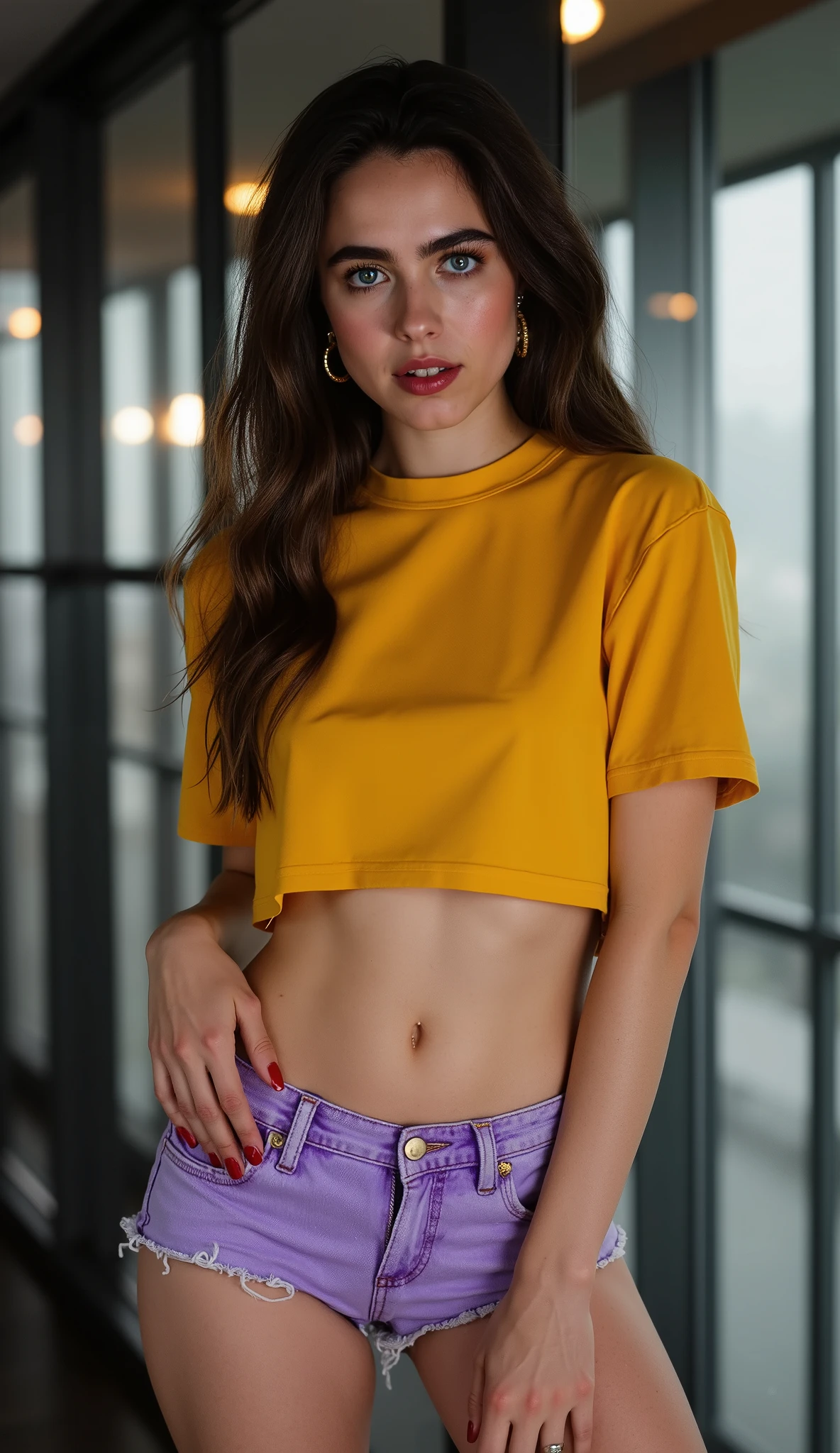 A full-body photograph, masterpiece, photorealistic, high-resolution photograph featuring a Caucasus girl with a fair complexion and a slender build, margqflx. She has a striking, symmetrical face with a high forehead, arched eyebrows, and full lips. Her eyes are a vivid blue, steady and intense. Her makeup is soft but expressive: her lips shine with colorless gloss, and her cheeks are flushed with bold, visible blush. Her long brown hair is styled in deliberate, soft waves, parted to the side and cascading down over her shoulders and chest. She now wears a cropped sunflower-yellow T-shirt with very short sleeves — almost cap sleeves — that cling gently to her shoulders, the hem skimming above her waist. Her shorts are snug, extremely short los rise lilac denim cutoffs with a thin, rolled-up hem, showing off her upper thighs with a cheeky, flattering cut. She accessorizes with oversized golden hoop earrings, and her fingernails are painted a bold red. She stands in her modern loft, surrounded by floor-to-ceiling window walls. Outside, rain streaks the glass, soft daylight filters in while warm indoor lamps cast gentle glows around her. She shifts her weight onto one hip with a graceful arch, one hand resting lightly on her thigh near the edge of her shorts, the other on her hip — a poised yet intimate stance. She gazes directly at the viewer, her vivid blue eyes unwavering, her expression a subtle smile that curves like a secret — inviting but composed. The overall mood is warm, moody, and stylish — a blend of rainy day ambiance and confident, quietly seductive presence.