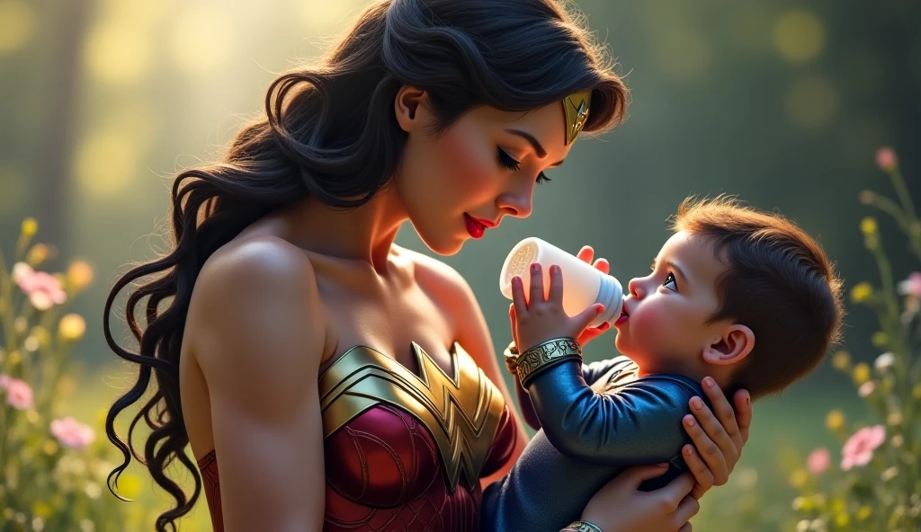 La qualité de l'image est réaliste, Wonder Woman tient un bébé.