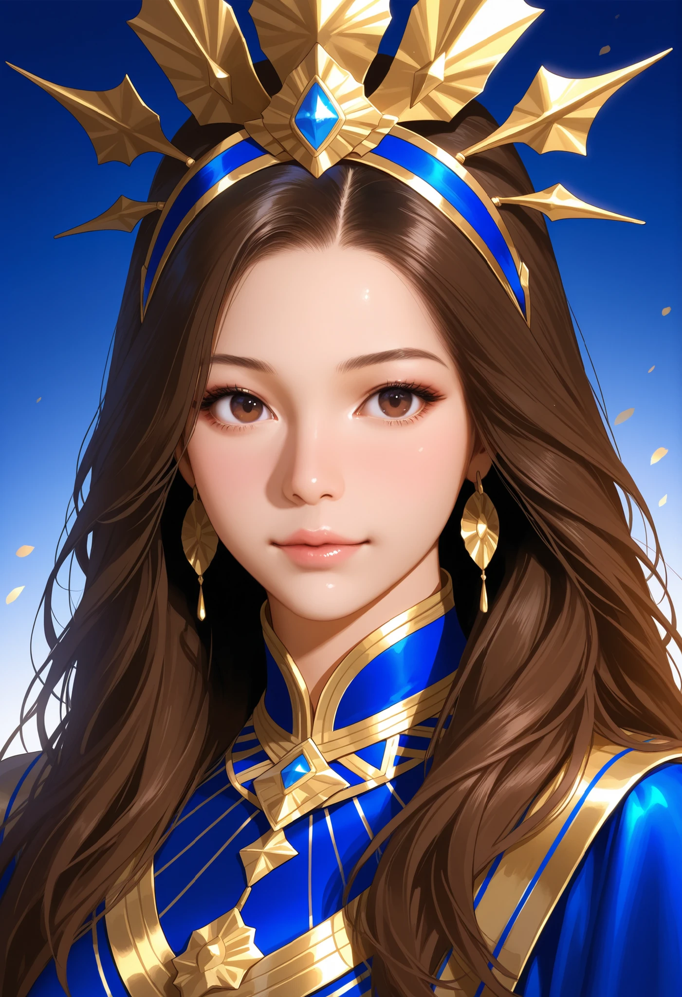 A woman in blue and gold, a woman with long brown haired with full spiky bangs, beautiful brown eyes, portrait, realistic