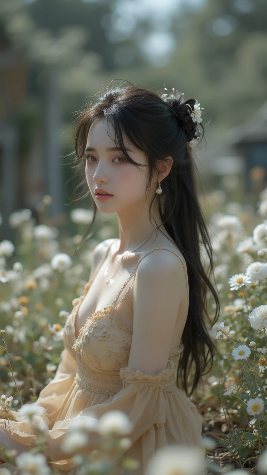 best qualtiy,tmasterpiece,超高分辨率,(真实感:1.4),RAW photogr,1girl,white dresses,cropped shoulders,blooming flower field,Glowing skin,Light smile,black hair, wavy hair, very long hair, jewelry, mole under eye, blush, UHD, masterpiece, anatomically correct, textured skin, high details
