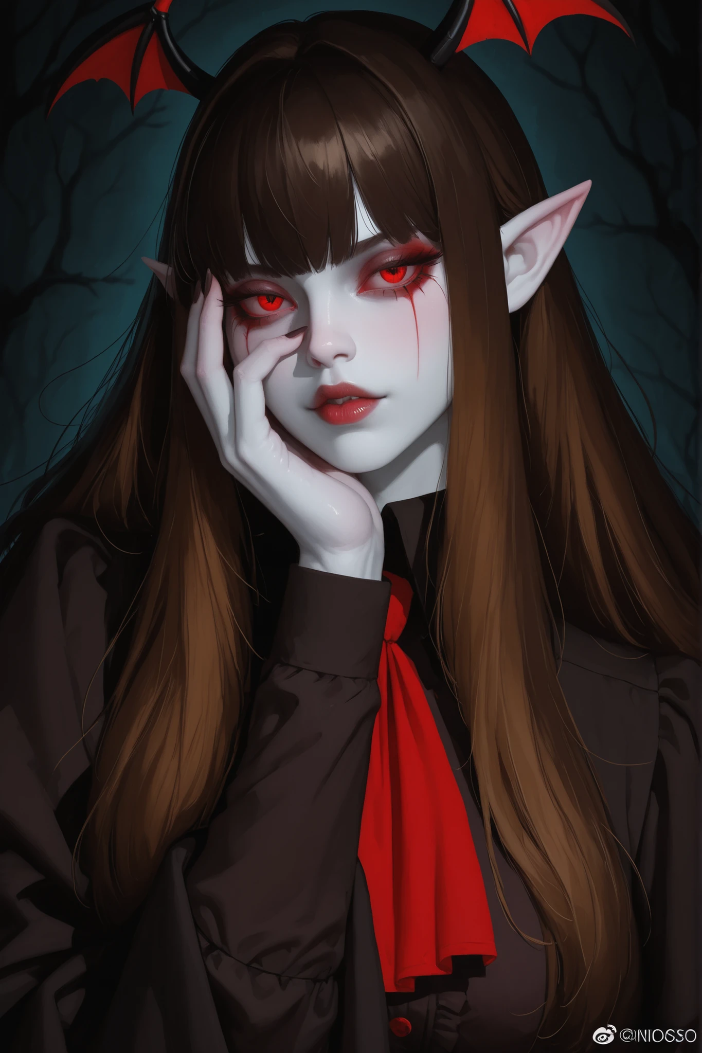 General Description : The image shows a character in digital artistic style (probably anime or manga), with striking features and a visual that transmits a seductive and mysterious air. Physical characteristics: Cabelo: Cor: Dark red with lighter tones similar to the tips. Estilo: Longo, volumoso, slightly messy, partially covering the face. Olhos: Cor: Intense red with vertical pupils (similar to those of a feline or supernatural creature). Bright highlights on the eyes, giving a vivid and flashy effect. Pele: Tom: very pale, almost porcelain, which contrasts strongly with the hair and eyes. Soft and smooth appearance, with no visible marks . Boca: Full lips in a dark tone ( brown or wine ). visible prey , indicating that the character is probably a vampire or similar creature. Orelhas: Long and pointed , elves or supernatural beings, reinforcing the idea that it is not human. Expression: Slightly provocative and confident, with a touch of mystery and charm. Race/Fantasia: The character appears to be a supernatural creature, possibly: Vampira, by the red eyes, pale skin and tied. Or a demonic elf/together, considering the pointed ears and the seductive expression.
