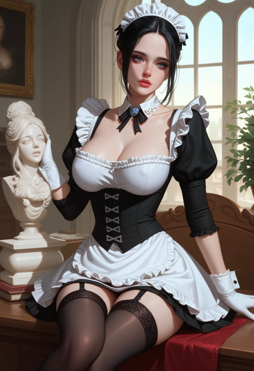 (masterpiece, best quality, ultra detailed, absurdres)1.5, 1girl, (sexy, beautiful woman, perfect face, perfect eyes, perfect female body, huge breasts)1.5, (maid, purple dress, white apron, black thighhighs, purple garter belt, purple high heels, long hair, black hair, side bangs, white underbust corset, <lora:underbust_corset-1.0:0.8>, <lora:cute_maid-1.0:0.8>), (standing, modern mansion, skirt lift), perfect lighting, smooth, hdr
