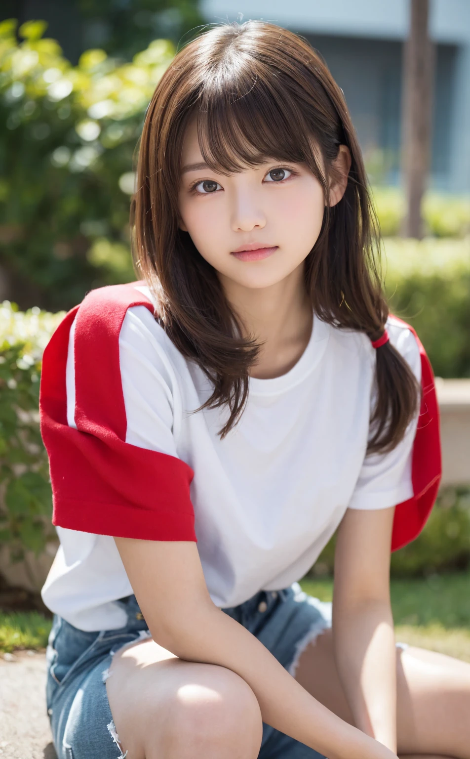 (8k, RAW Photos, highest quality, masterpiece:1.2), (Realistic, photo-Realistic:1.4), (Highly detailed 8k wallpaper), ((Full Body Shot)), (1 girl), Sharp focus, Depth of written boundary, Cinematic lighting, Soft Light, 緻密な美しさのeye, eye_Chan, Very beautiful 17 year old girl, innocent big eyes, Realistic, photo Realistic, Highly detailed cute girl, (Thin thighs), (Model Body Type), 18-year-old, (((Germany national soccer team jersey))), (Distressed vintage long denim pants), (((Fold your arms in front of your chest and act arrogantly))), ((A happy smile)), Parted lips, Watching the audience, (On the streets of New York) , (Brown Hair),(Long Bob Hair), (Asymmetrical bangs)