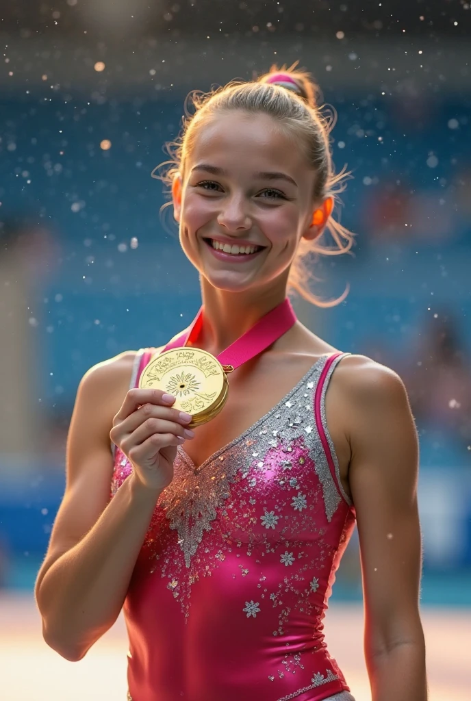 a gorgeous-faced petit blonde Olympic gold medalist, yo female gymnast, holding up her gold medal at award ceremony, leotard, (((vagina print))), special attention to pussy, cute, hyper realistic, 8k, cinematic lighting, award winning photography, highly detailed, masterpiece, special attention to face, most detailed image, beautiful, extremely cute, doesn't know (((she has a camel-toe))), pretty raised mons pubis, full body photo, close up, associated press shot, award winning, shot from below