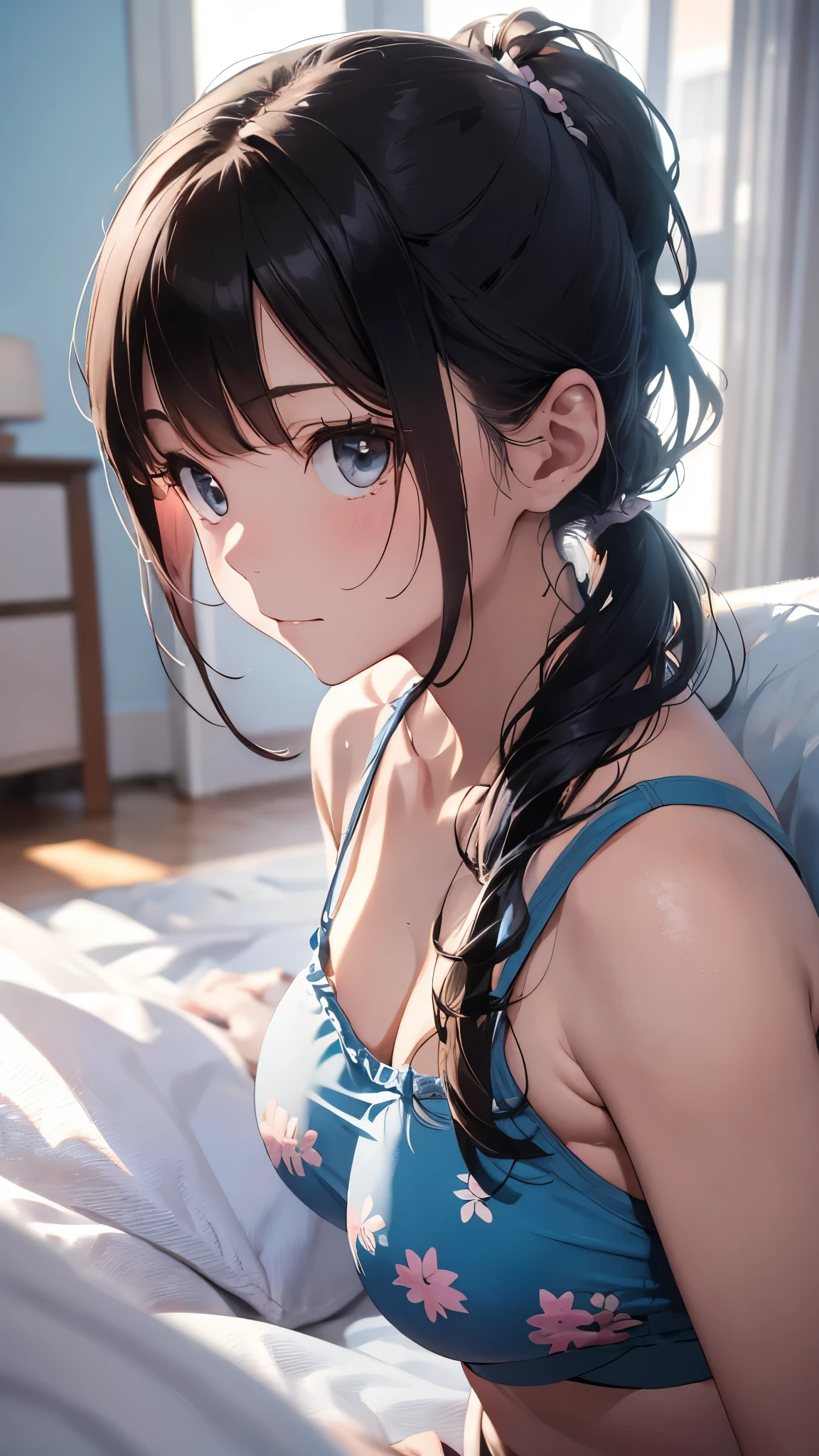 Masterpiece, highres, high Quality, at home, lying face down, cameltoe, black hair with colored highlights, hair tied up,
