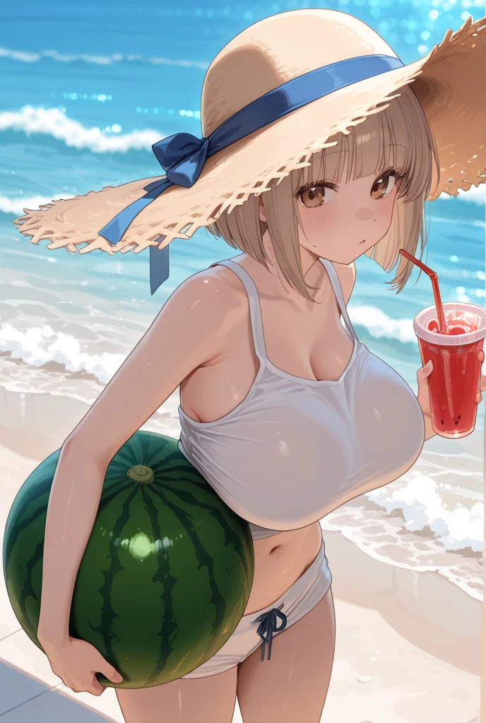 Best Quality, 2B Nier Automata, in mini bikini, Whole body, voluptuous, eating strawberry ice cream, sweating a lot, on the beach