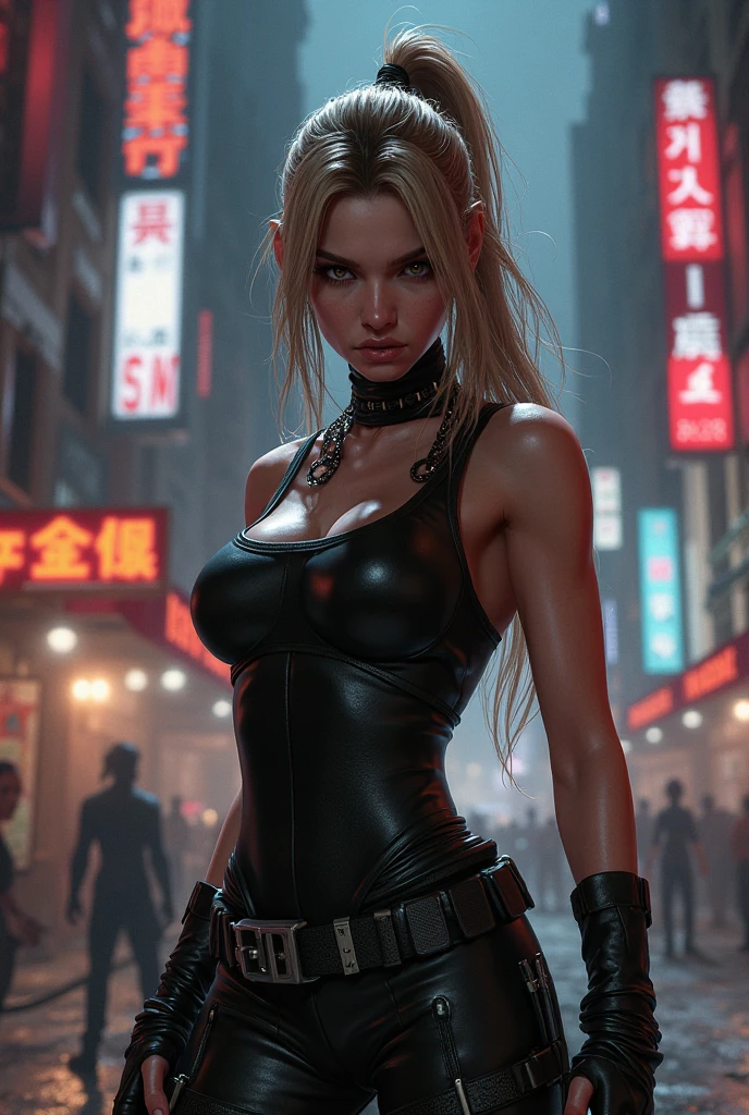 8K, Realistic Skin Texture, Realistic Photo, (((((1 slim western women, solo, large-breast:1.4 cleavage:1.3))))), AD2050 at night, (((wearing off neck tube top, miniskirt, black sunglasses, automatic rifle, sneakers, cold, standing and shooting pose))), (((((((half-body (((thigh level))) medium:1.3 shot))))))), innovative composition, revenge, aerial view of military base, blade runner worldview, large neon sign.