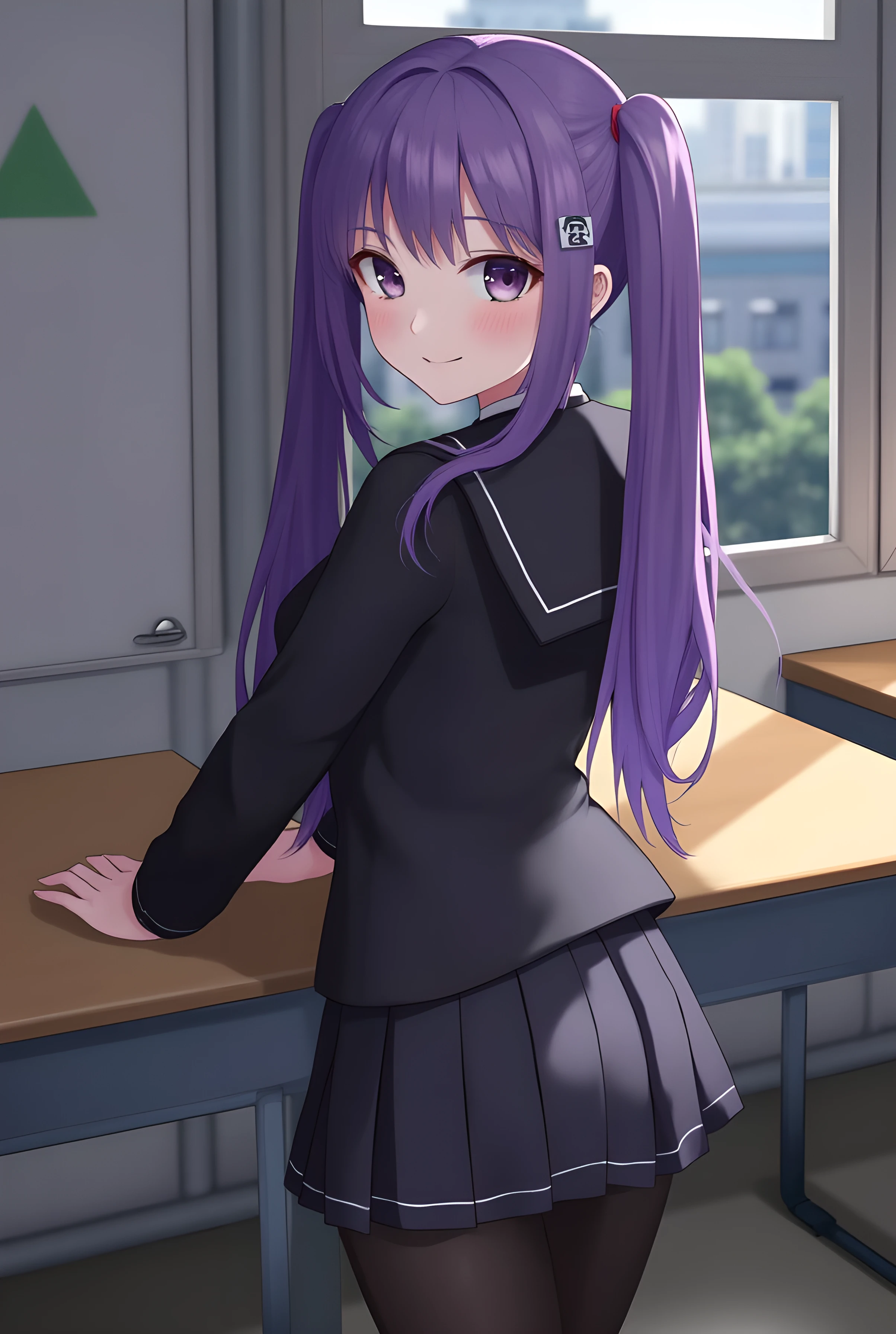 8k, ultra high resolution, 最High Quality, masterpiece, 三分割法によるpictures,surreal, pictures, The girl in black, (:1.3), プロのpictures, very detailed, High Quality, complicated details, solo, Shadow, purple twin tail, cute, Great face and body, Amazing Body, straight hair , Genuineのような肌, Sparkling Skin, clear , Beautiful Eyes, uniform, miniskirt, pantyhose, black low heels, smile, And turn away, look at the camera, A girl whose name is Klee , Bust, (school classroom background:1.1), very well detailed, note on bed details below, 最High Quality, ultra high resolution, 精巧なpictures, 8k, Genuine, The most detailed facial expression , realistic, alone