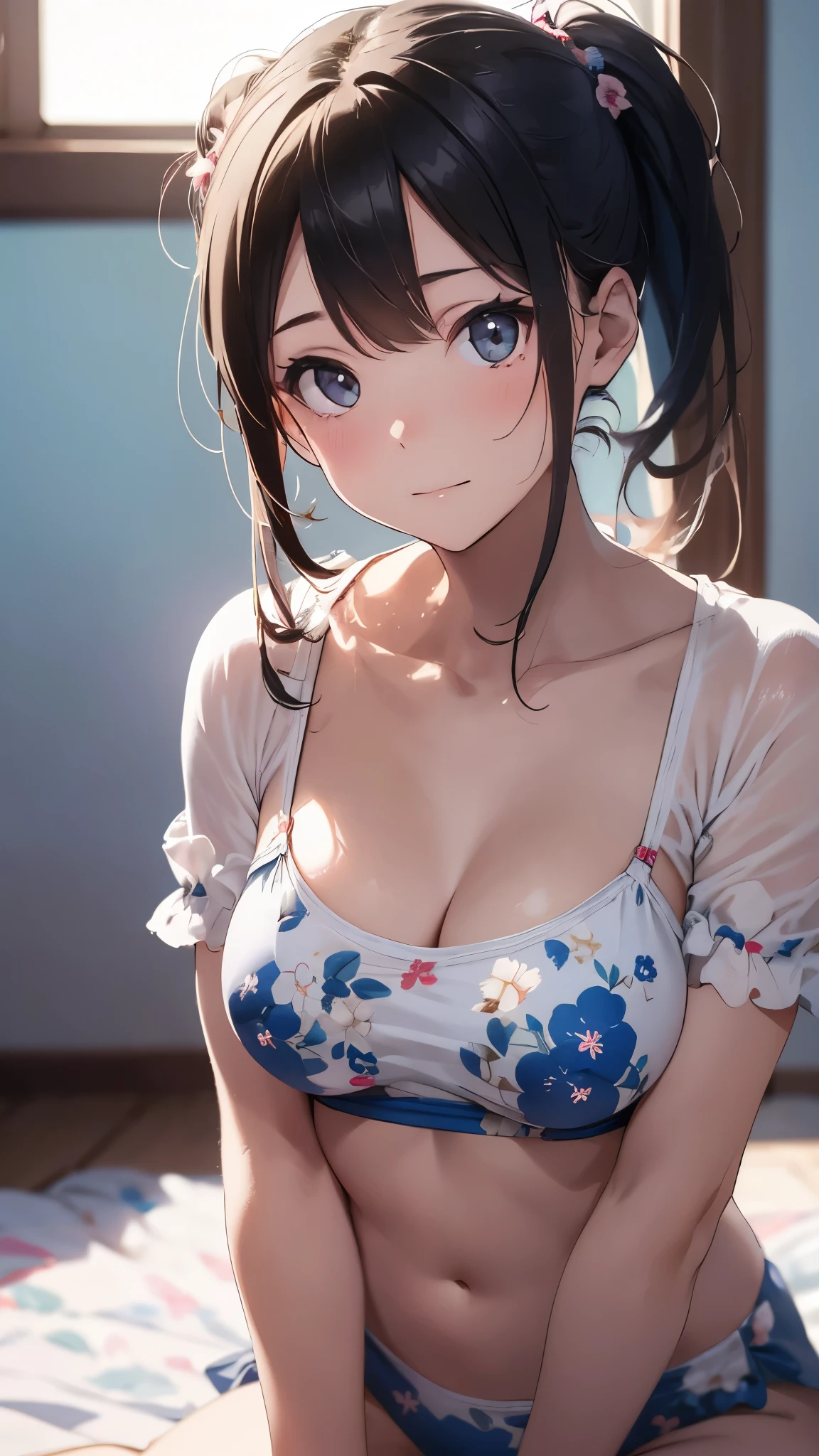 nsfw:1.5,Highest quality、In 8K、masterpiece、Hmph、Ultra-high resolution、RAW Photos、(Realistic:1.3)、Natural soft light、(Written boundary depth)、thin、(whole body:1.2)、From behind、Detailed face and eyes、Realistic、Sharp pupils、Inside the warehouse、Young Face、High school girls、Beautiful Girl、Glowing Skin、(ponytail:1.2)、Beautiful brown hair、Red Eye、(blush:0.7)、((Embarrassed face:1.2,blush:1.8))、Sweat、(Thighs Thighs Thighs Thighs:0.8))、((Huge Breasts:1.8)、Erect nipples)、(Small Nose、Small Nose)、Attractive waist、(Overflowing sexual fluid:1.5)、((Light blue sexy lingerie:1.5))、Dynamic pose:1.5、(I want to see up to my knees:1.5)、Top view