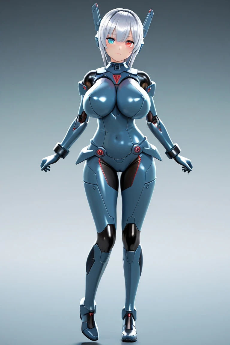 full body, standing on her feet, futuristic background, sexy appearance, rei ayanami, ((blue hair)), ((pale skin)), ((wide hips)), gigantic breasts, narrow waist, breasts together, cleavage, makeup, (white swimsuit), mascara, leg boots, short hair, beautiful eyes, large iris, ((green eyes)), Lips are soft or colored, simple black background, simple color palettes, clean, Crisp drawings, fluid silhouettes,white vintage futuristic swimsuit, retro futurism, retro futurism, Asymmetric, geometric, Different designs, simple silhouettes, Technology style, future, high fashion, Simplicity and sophistication, sexy, slim, short black outfit, sexy, Erotic, cleavage, youthful appearance, sweaty, in a robot, Evangelion white