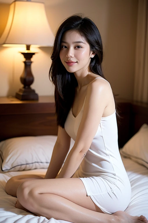 ((Night, Real Light, Top Quality, 8k, Masterpiece: 1.3)), Normal Body Shape: 1.4, (Brown Hair, Colossal: 1.8), Sexy Underwear, Lying on Bed, Open Legs, Ultra Detailed Face, Detailed Eyes, Double Eyelids