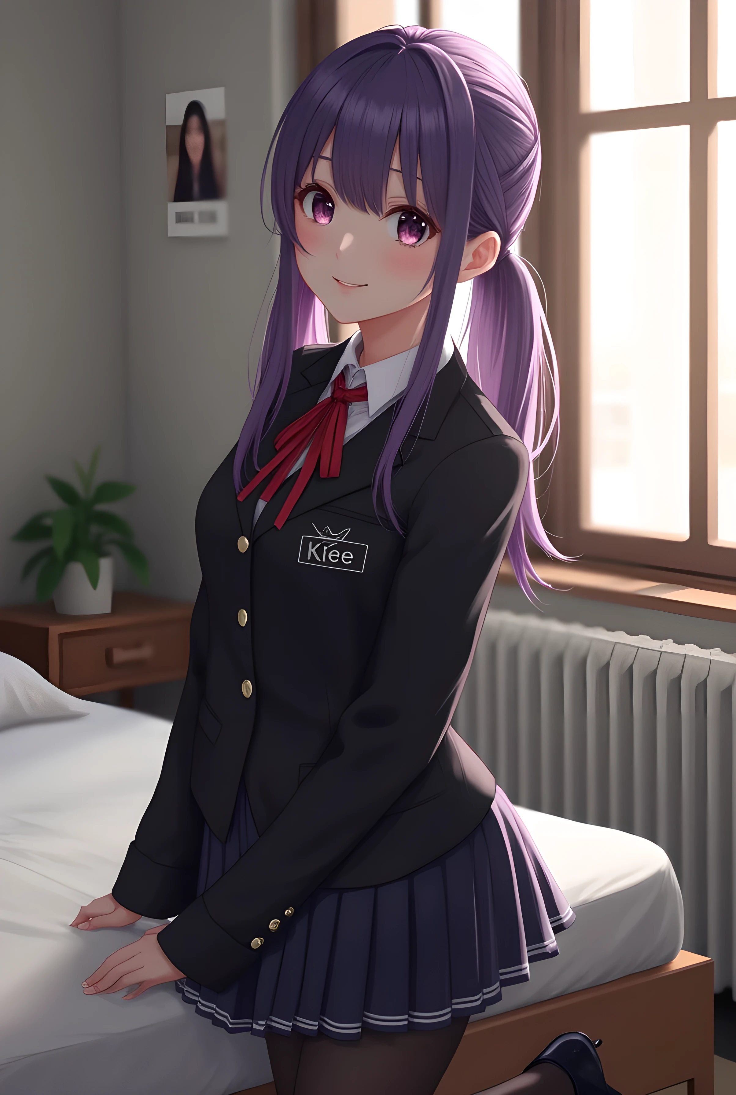 8k, ultra high resolution, 最High Quality, masterpiece, 三分割法によるpictures,surreal, pictures, The girl in black, (:1.3), プロのpictures, very detailed, High Quality, complicated details, solo, Shadow, purple twin tail, cute, Great face and body, Amazing Body, straight hair , Genuineのような肌, Sparkling Skin, clear , Beautiful Eyes, uniform, miniskirt, pantyhose, black low heels, smile, And turn away, look at the camera, A girl whose name is Klee , Bust, (school classroom background:1.1), very well detailed, note on bed details below, 最High Quality, ultra high resolution, 精巧なpictures, 8k, Genuine, The most detailed facial expression , realistic, alone
