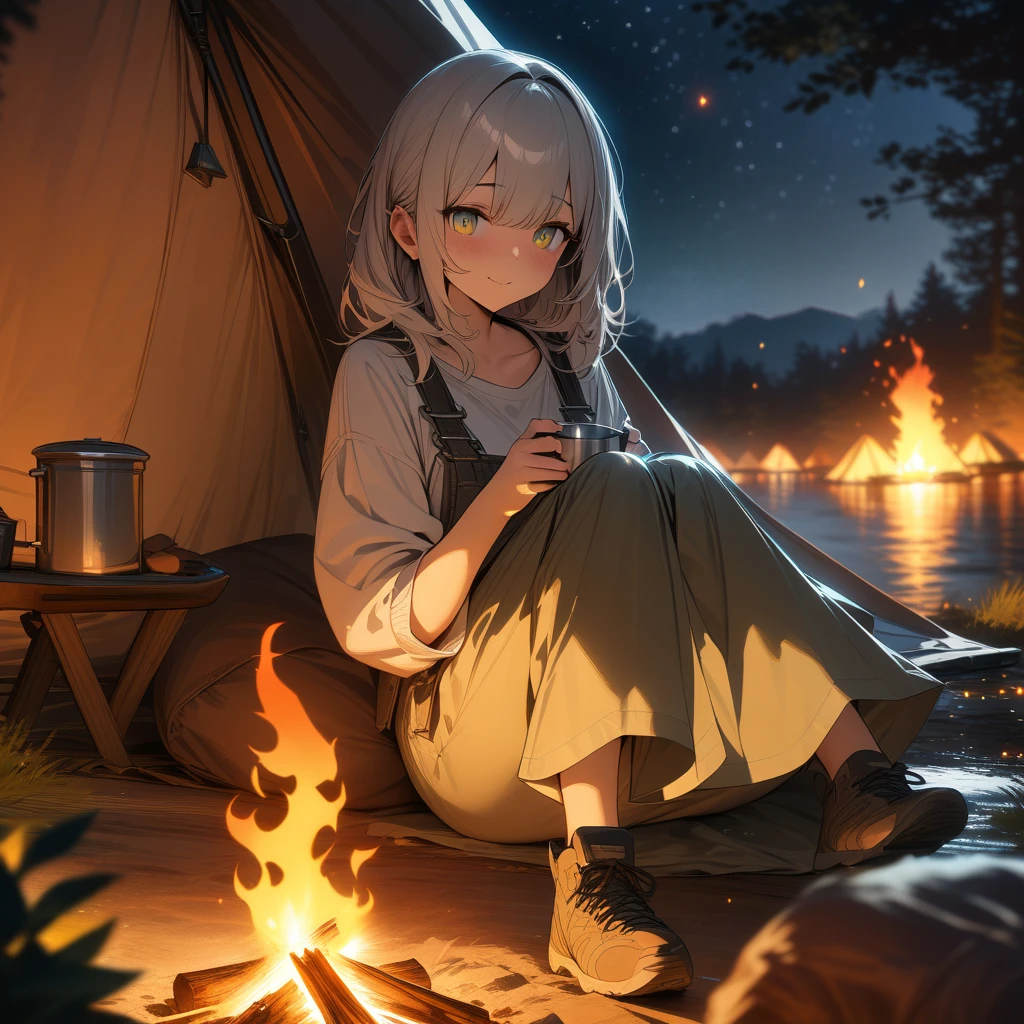 ((masterpiece,best quality)),(negative space),(1girl),beautiful detailed eyes,night sky, starry sky, campfire, camping,