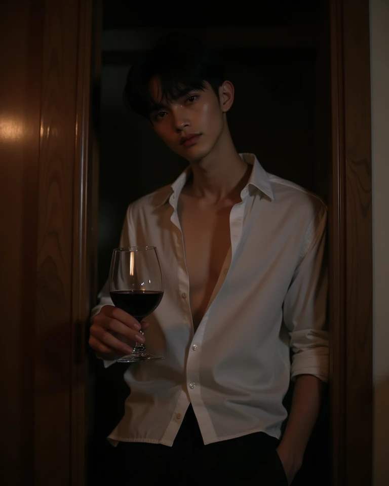 man,handsome,Sitting and sipping wine,white shirt,in the bedroom,luxury house,rich,black-brown hair,black eyes,black pants,high