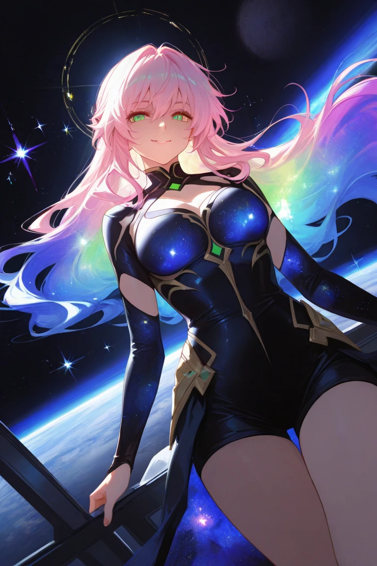 1 girl, superhero, Junior high school girl, leotard, barefoot, Knee-high boots, gloves, shining body, the light that surrounds her body, particles of light, space background, Are standing, put your hands on your hips, cowboy shot, full body shot, super powers, perfect anatomy, cowboy shot. long hair,
BREAK is purple body suit, body suit, gloves, Black body suit, multicolored body suit,
BREAK is looking at viewer, whole body,
BREAK is (muste piece:1.2), best quality, high resolution, unity 8k wallpaper, (illustration:0.8), (beautiful detailed eyes:1.6), highly detailed face, perfect writing, Highly detailed CG, (perfect hands, perfect anatomy),