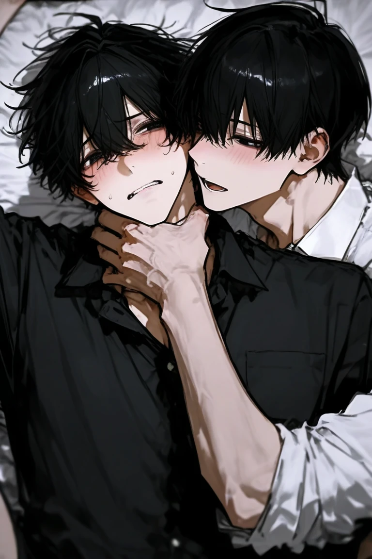(masterpiece), (Highest quality), Very detailed, ((Two men kissing:1.5)), Perfect Face, Beautiful Face, Very detailedな顔,(Black-haired man:1.3),(Grey-haired man:1.3)、T-Shirts、smile