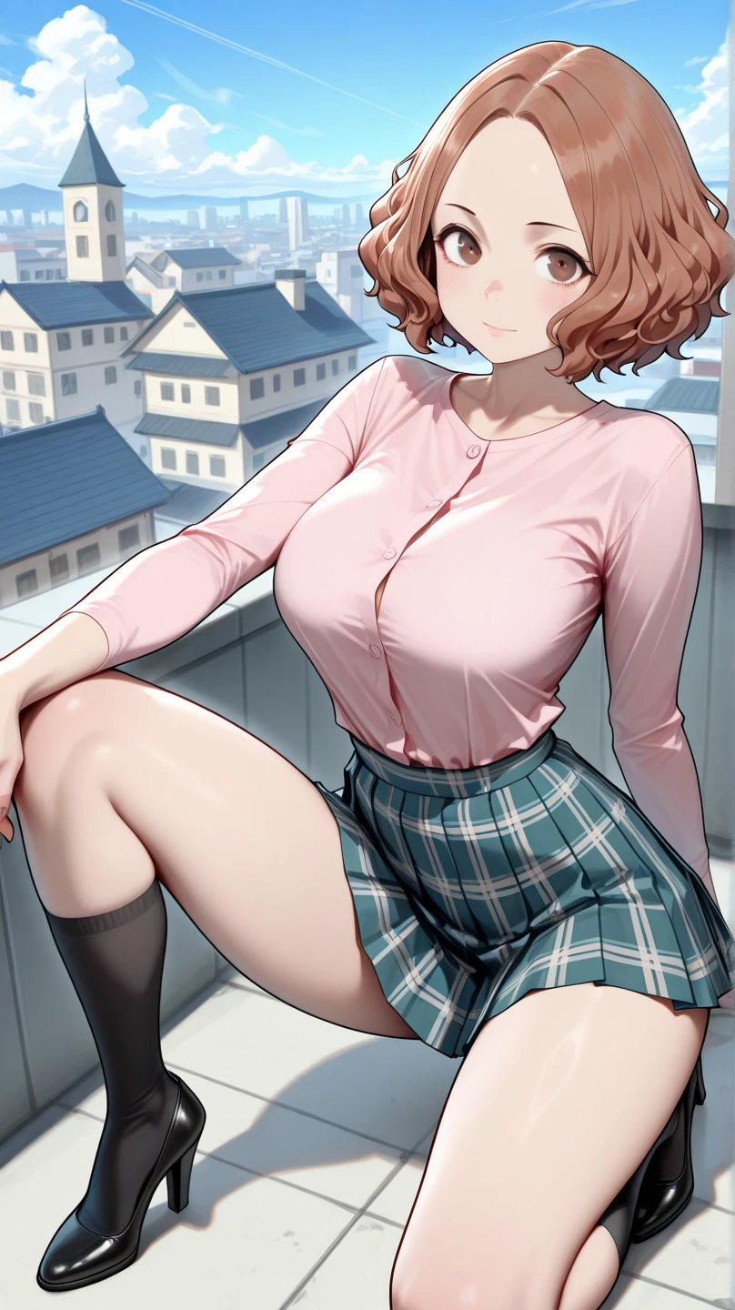 profile, (highest quality), Super detailed), (Ultra High Resolution 8K), High-definition facial beauty, ((Skirt Lift)), A plain girl with glasses, (Big Breasts), Detailed knitwear, Culottes skirt, Showing off her red see-through panties , (Blushing, Embarrassing:1.4), Very hot day, Shade, ((Sit down)), Panties that are damp
