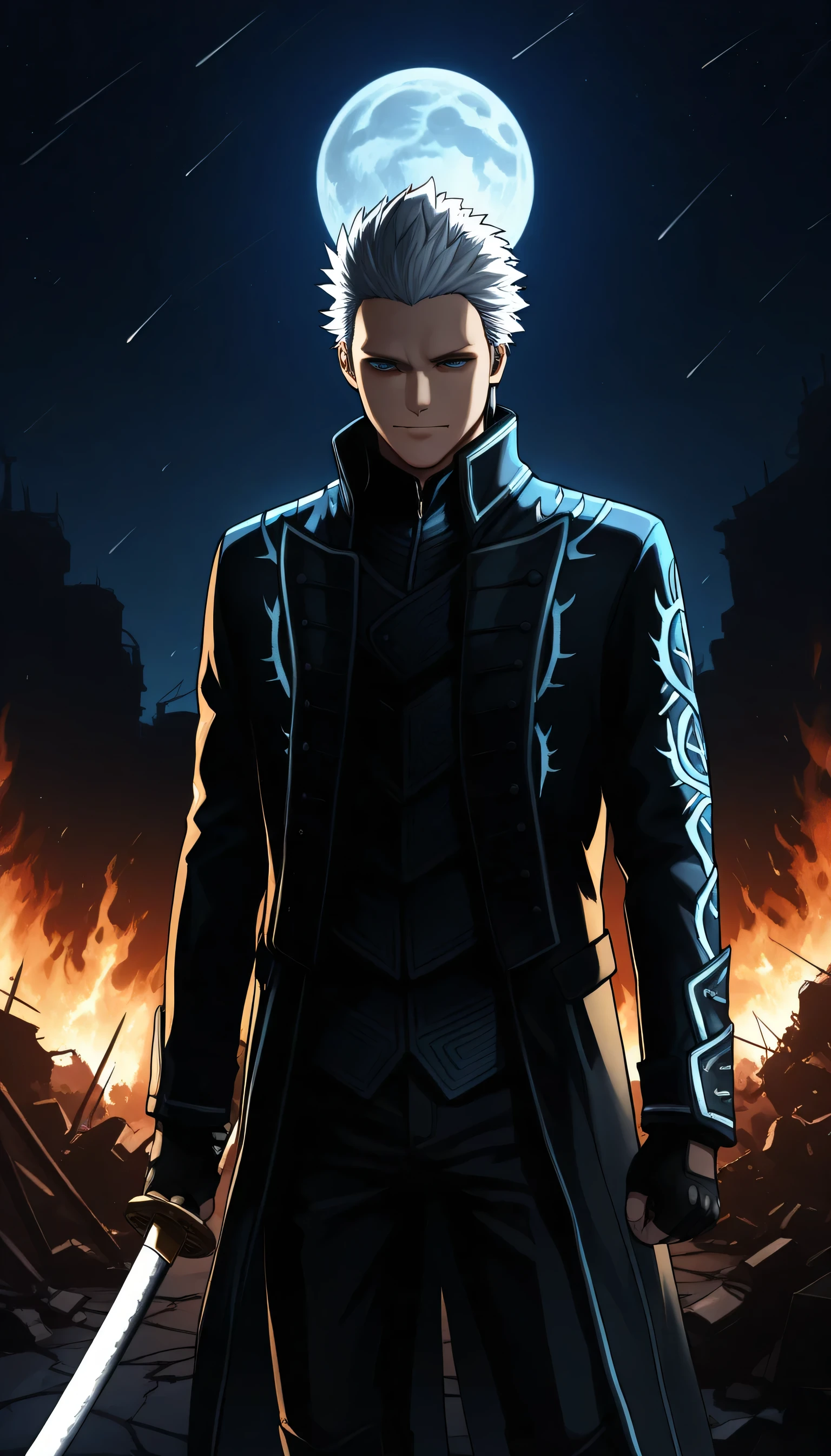 ,Give your images flat even illumination (negative) or dramatic chiaroscuro lighting (positive,Bloody Moon,destruction, fire, nighttime, dark, stars, moonlight, full moon,Thunderstorm around, serious boys, holding a katana, smile, mouth closed,dmc5vergil
black coat, fingerless gloves, pants,Looking at the spectator ,DMC5Vergil, 1boy, white hair, blue eyes, short hair