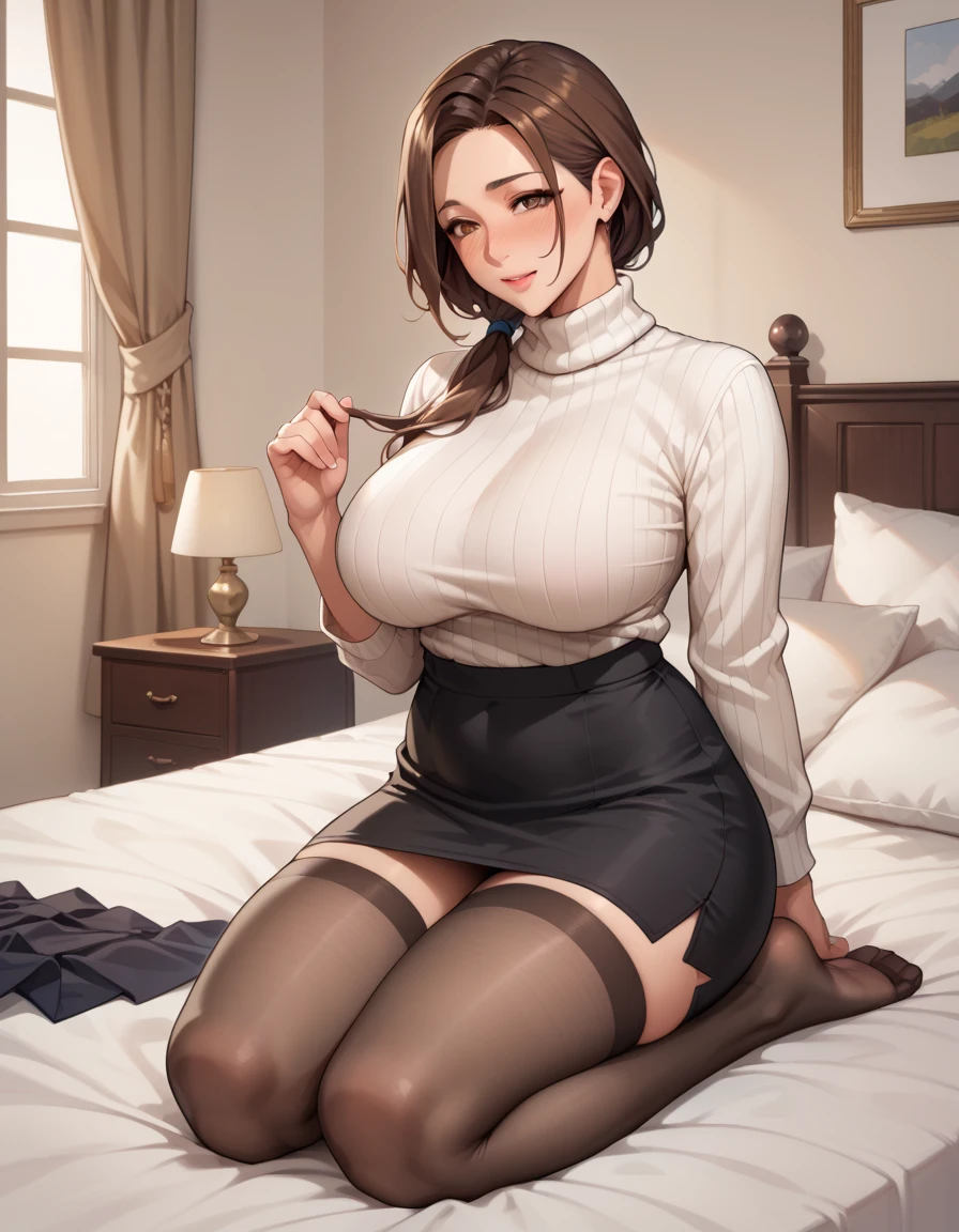 (table top, highest quality, High resolution, , perfect pixel, 4k,), 1 girl, single, alone, Beautiful woman、I could see the whole body、 ((wavy mid-length hair, bangs, brown hair)), ((brown eyes, beautiful eyelashes, realistic eyes)), ((detailed face, blush:1.2)), ((smooth texture:0.75, realistic texture:0.65, realistic:1.1, Anime CG style)), medium breasts, dynamic angle, perfect body, ((, female teacher, , earrings、necklace、turtleneck sweater、、black knee high stockings、open both legs wide、、shy smile、sit at a desk in the classroom、emphasize the chest)), Upper grade、、、evening、、(You can see the blue and white lace panties、、(、)、angle from below)、