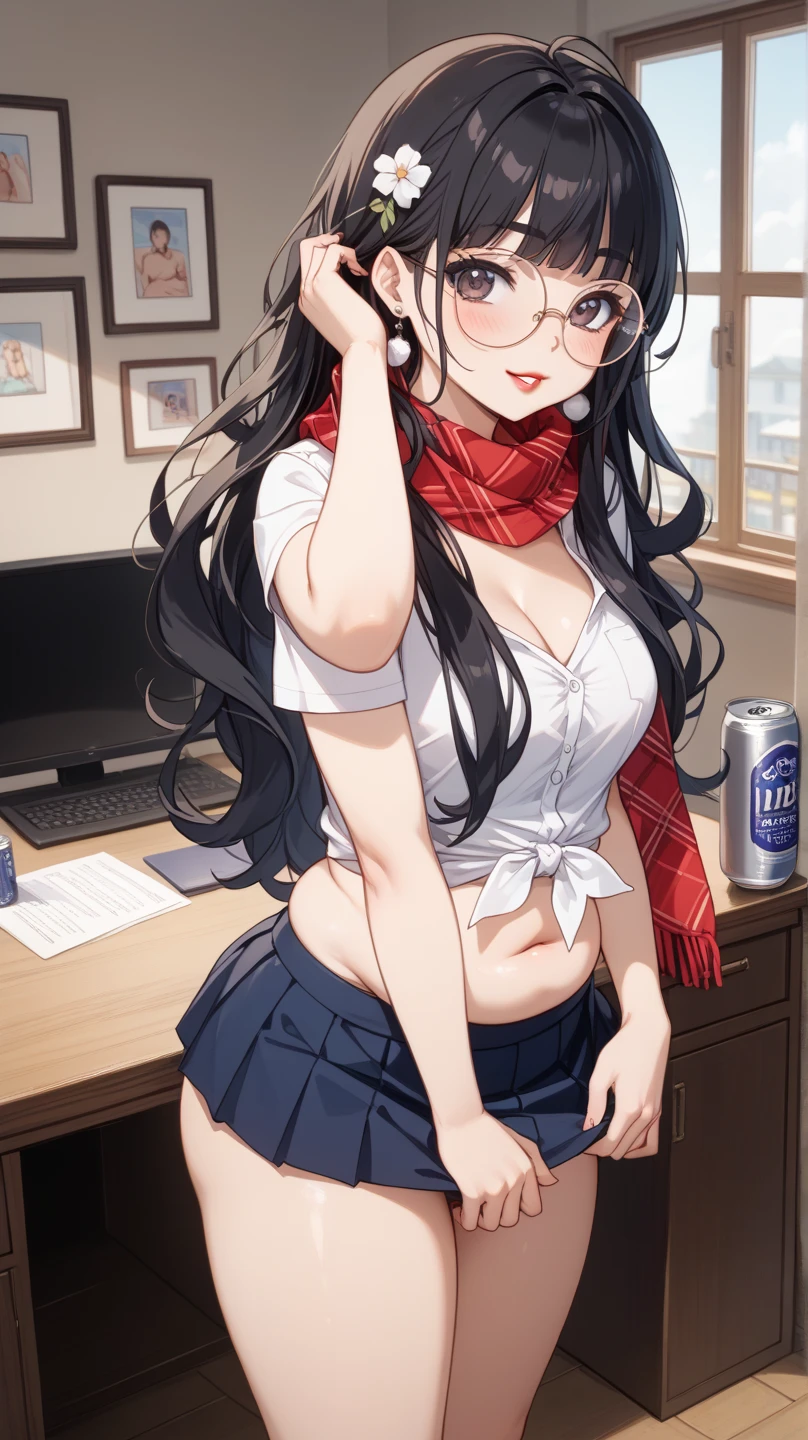 brown hair、Waist-length hair、blue eyes、Droopy eyes,pink lips,red glasses,purple underwear、OL,red business shirt,black tight skirt,Large belt,Are standing,Smiling embarrassedly,Crossed legs,sexy pose,red high heels,stick out your butt,Proudly,Angle from below,Holding a tablet in his right hand,left hand is on the waist,