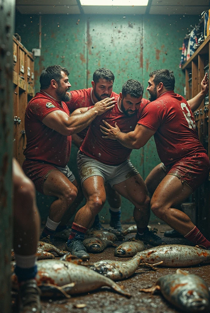 two buff surprised soaking wet twenty year old frat bros with soaked hair wearing soaked hockey uniforms dunked in a melting hockey rink. several hockey players in briefs pour buckets of water over them.