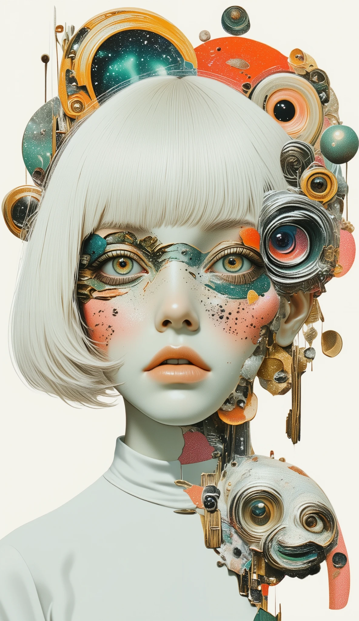 masterpiece, best quality, superless, perfect anatomy, absurd, dreamy、collage art、female, white hair、white clothes、white animals、White car、white celestial body、white swirl、detailed face, red, green, and yellow accents on a white base、Pure white beauty、Double image technique