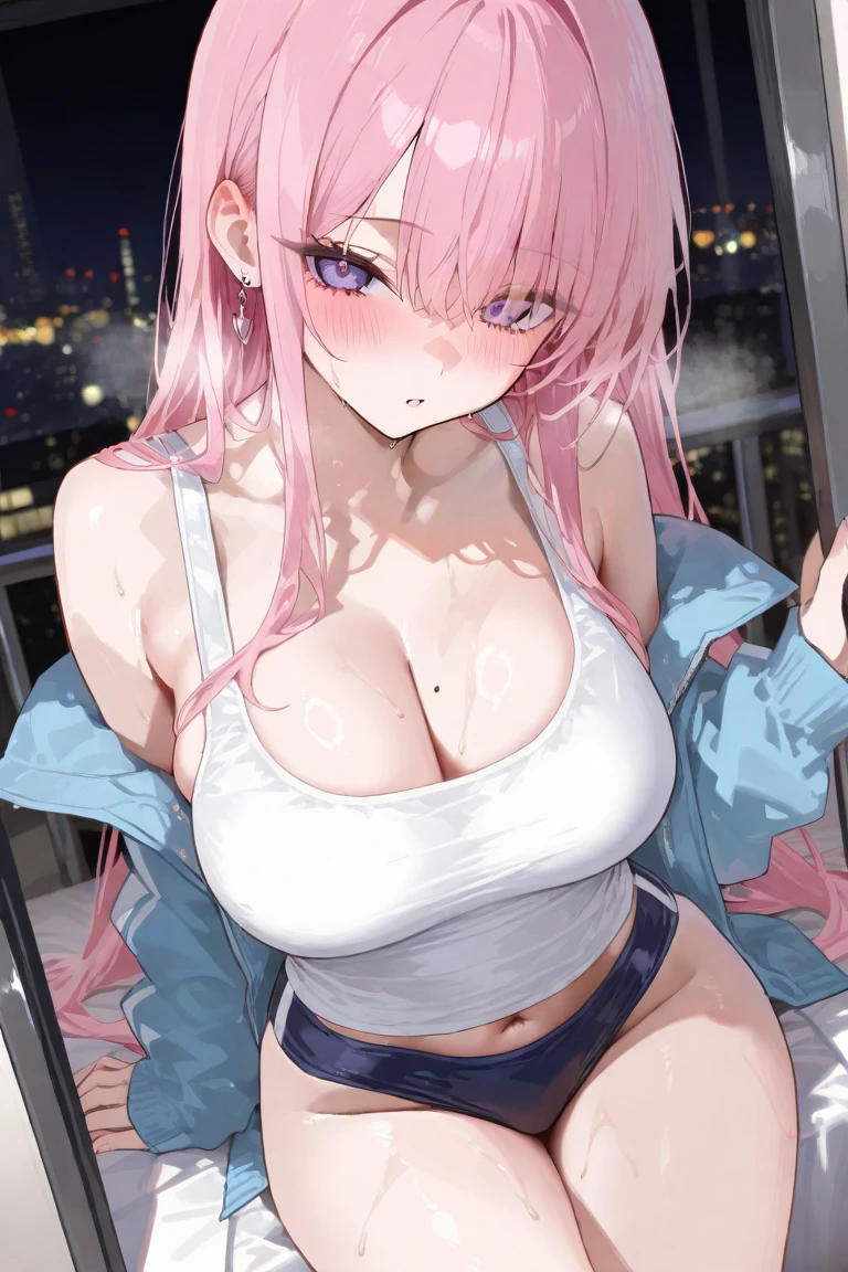（Enrich the picture，Masterpiece level quality）Beautiful 8K CG artwork，Goddess-like posture，Kneeling exercise，Slim and soft，Translucent skin，Pink hair、The beauty of extra-long hair, Super Long Straight Hair，The skin is fair and juicy，Big breasts lingerie miniskirt uniform，Perspective Part 1.2x enhanced silhouette effect，Exquisite transparent blues pattern in pajamas，The details are intricate and exquisite，The background is slightly blurred，Charming and lustful leg seduction，Drool，Q cup big breasts，Blush，Japan goddess，Perfect body slim curves，Scene by the sea，The shirt is fully open: 1.4, The chest is completely open, Shirts are worn over underwear, (Shirts are worn over underwear: 1.3),