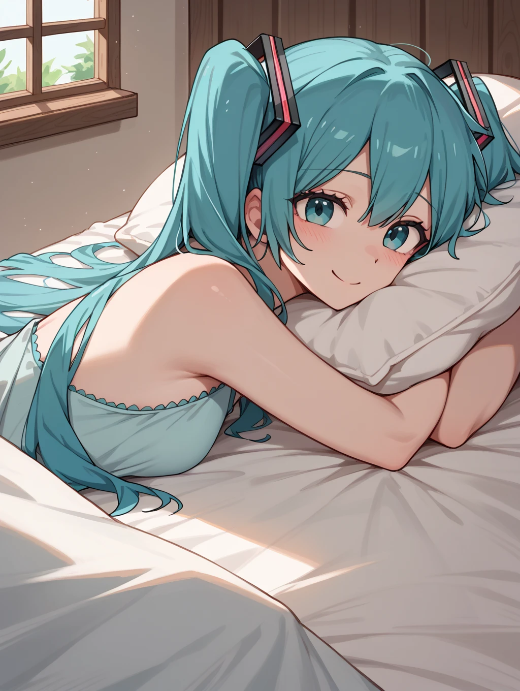 Anime girl lying on bed,Blue hair and blue dress, mikudayo, trending on artstation pixiv, style of anime4 K, beautiful anime catgirl, cute anime catgirl, Digital art on Pixiv, pixiv 3dcg, Best Rated on pixiv, anime catgirl, Anime art wallpaper 8 K, seductive anime girls, Very beautiful anime cat girl