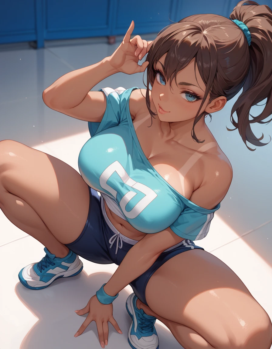 ((two arms))、((two legs))、((five fingers))、very big breasts、big thighs、Latex Cheerleader、latex bikini、latex skirt、8k、Portrait、simple background、Love Live Wind、I can see your panties、erotic pose、(I don&#39;t have pompoms)、squat、(open your mouth)、embarrassed look、be lustful、hands behind head、Thighhighs、Straight hair