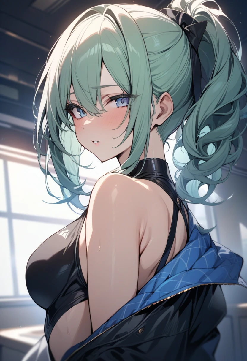 (Unity 16K Wallpaper, Masterpiece, Best Quality, Ultra-Detailed, Extremely Detailed CG, Caustics, Cinematic Lighting, Detailed, Beautiful Detailed Eyes, solo), Ultra High Resolution, fine skin、sexy,curby,gigantic breasts、playboy bunny, black pantyhose,pony tail,casino,Portrait,bulack hair, hold one's chest with one's arms,green hair