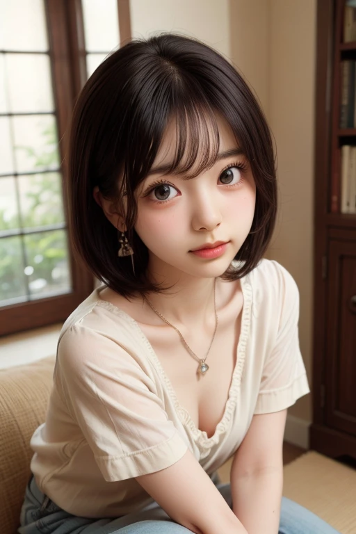 12 years old, (japanese Famous idol:1.4) (1cute girl:1.4) (very young face:1.4) best quality, face focus, soft light, ultra high res, (photorealistic:1.4), RAW photo, 1japanese girl, solo, cute, (pupil, lights in the eyes), detailed cute face, (small chest),(high resolution detail of human skin texture), Damask Shirt Dress, (portrait)