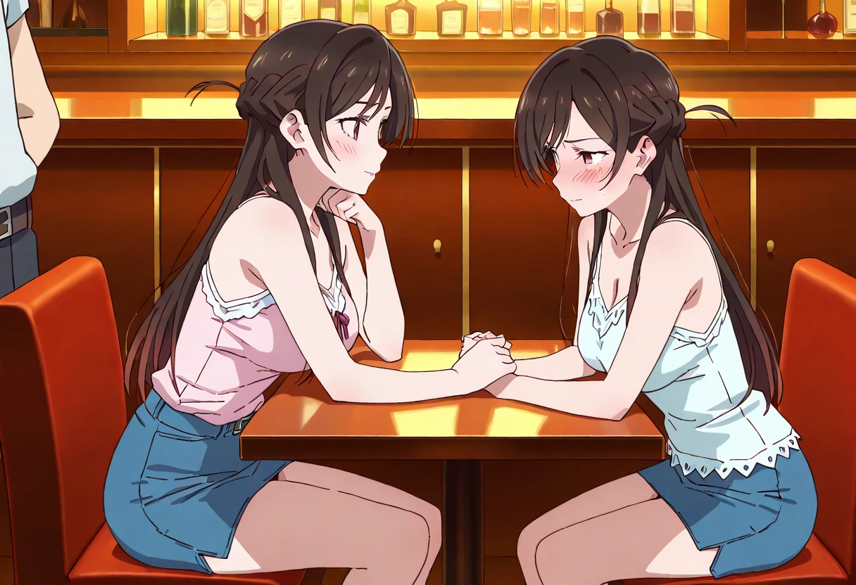 ((best quality)), ((masterpiece)), (detailed), perfect face, brown skin anime woman in a deep v neck tied top, (bare shoulders), (jeans trousers), famished in hunger, (gently resting hands on stomach), (long hair), (hands on her stomach), (slim woman), (shiny body), (shiny arms), her stomach growls in front of a beautiful boy sitting next to her, she is embarrassed