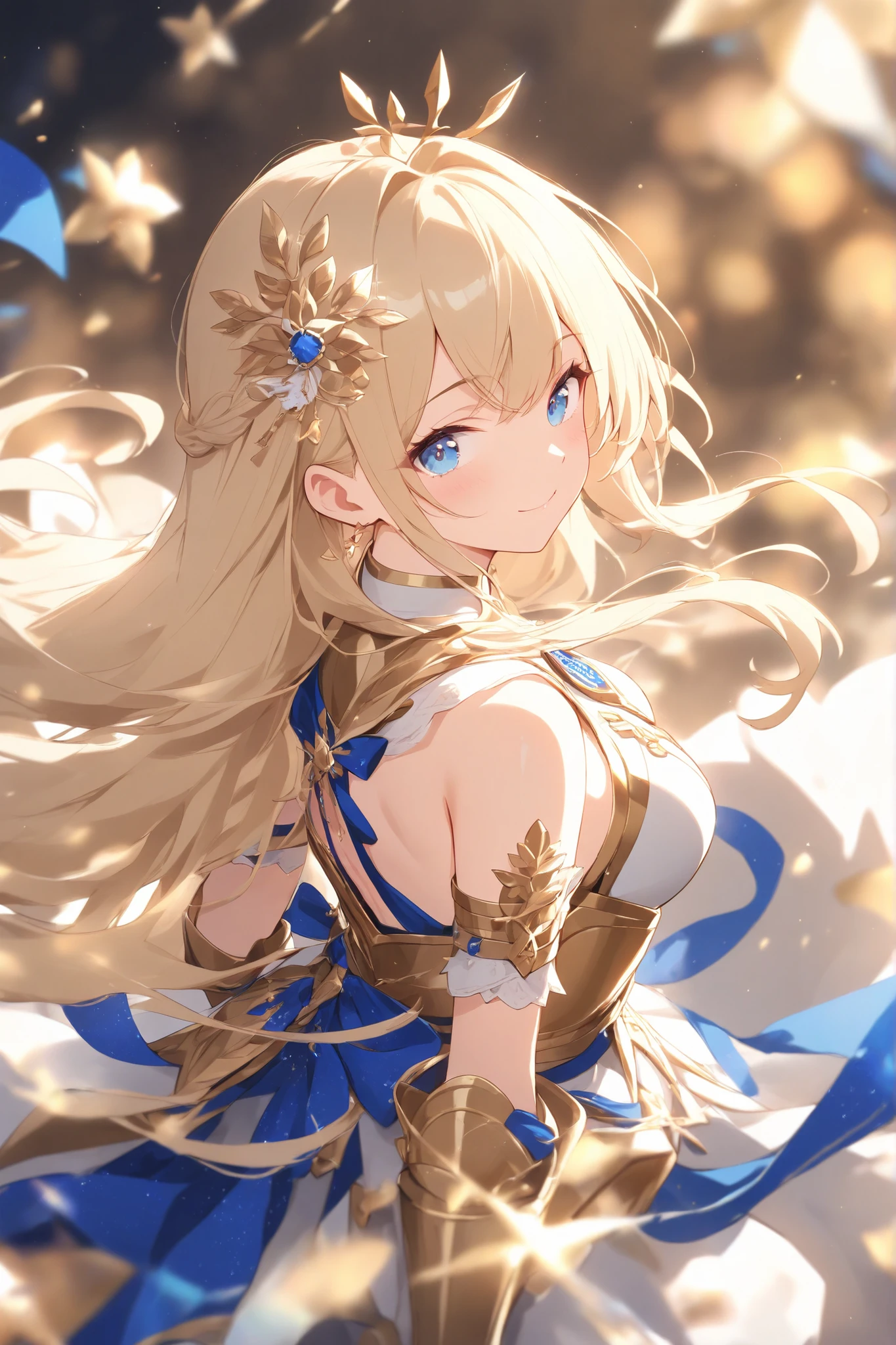 looking at viewer,close-up,blurry background、full body、Blue and gold color scheme、Beautiful decoration、 female knight、 Gold、long hair、blue eyes、 Himeji Knight、Light effects、Back blur、Front blur