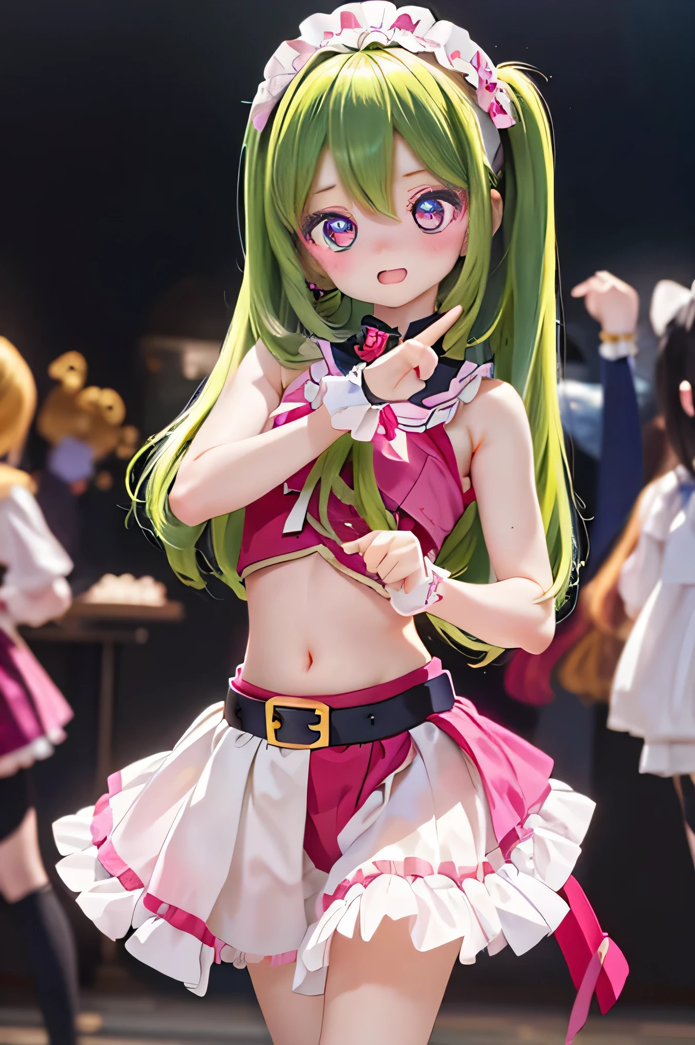 Pretty Cure young girl stands up、dynamic movement while dancing、cute expression、fine details、PRECISE 4K RENDERING、PROFESSIONAL PHOTO、Realistic and highly saturated colors、anime style with bokeh、dramatic lighting、fantastic atmosphere like a magical girl