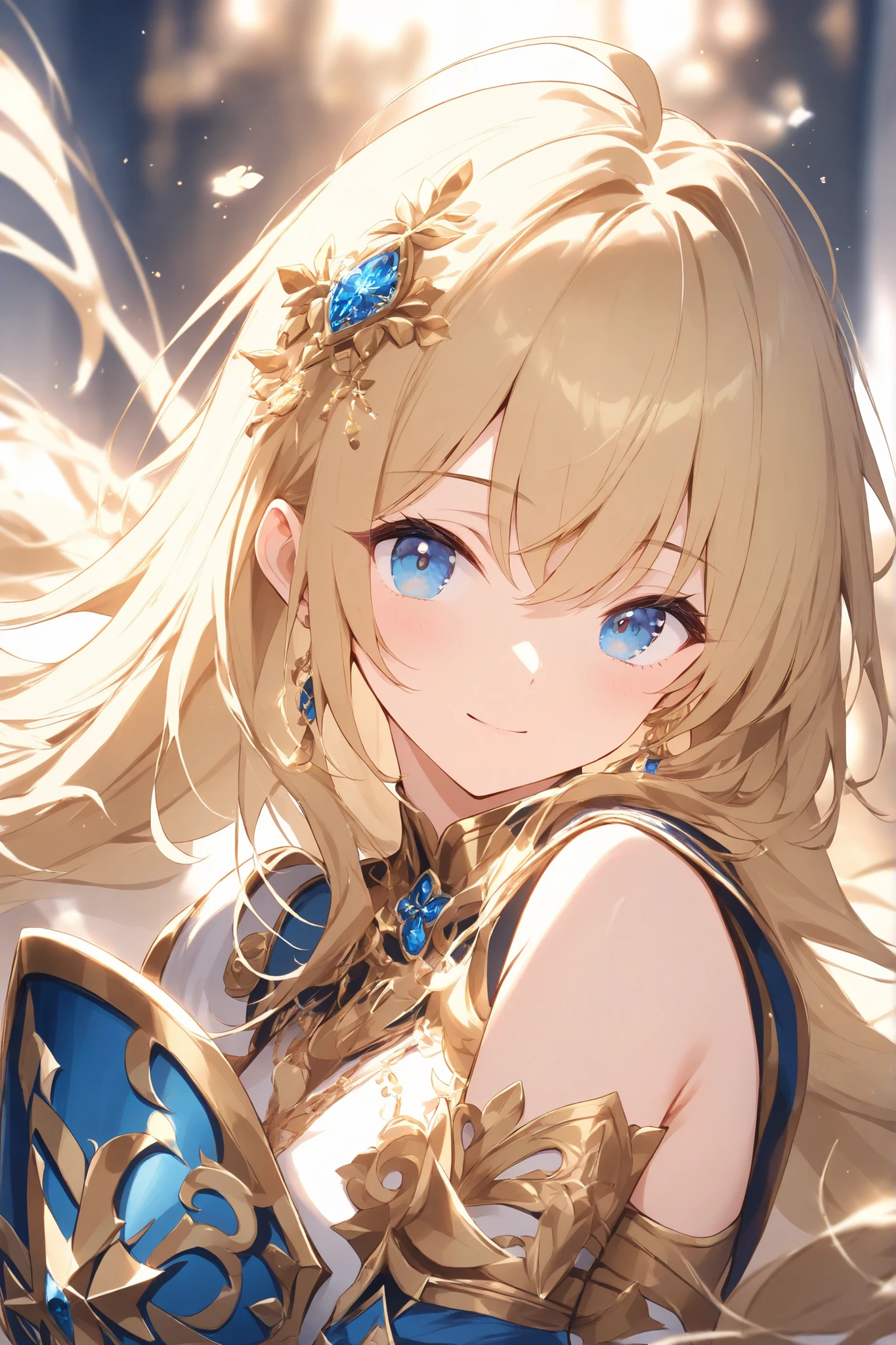 looking at viewer,close-up,blurry background、full body、Blue and gold color scheme、Beautiful decoration、 female knight、 Gold、long hair、blue eyes、 Himeji Knight、Light effects、Back blur、Front blur