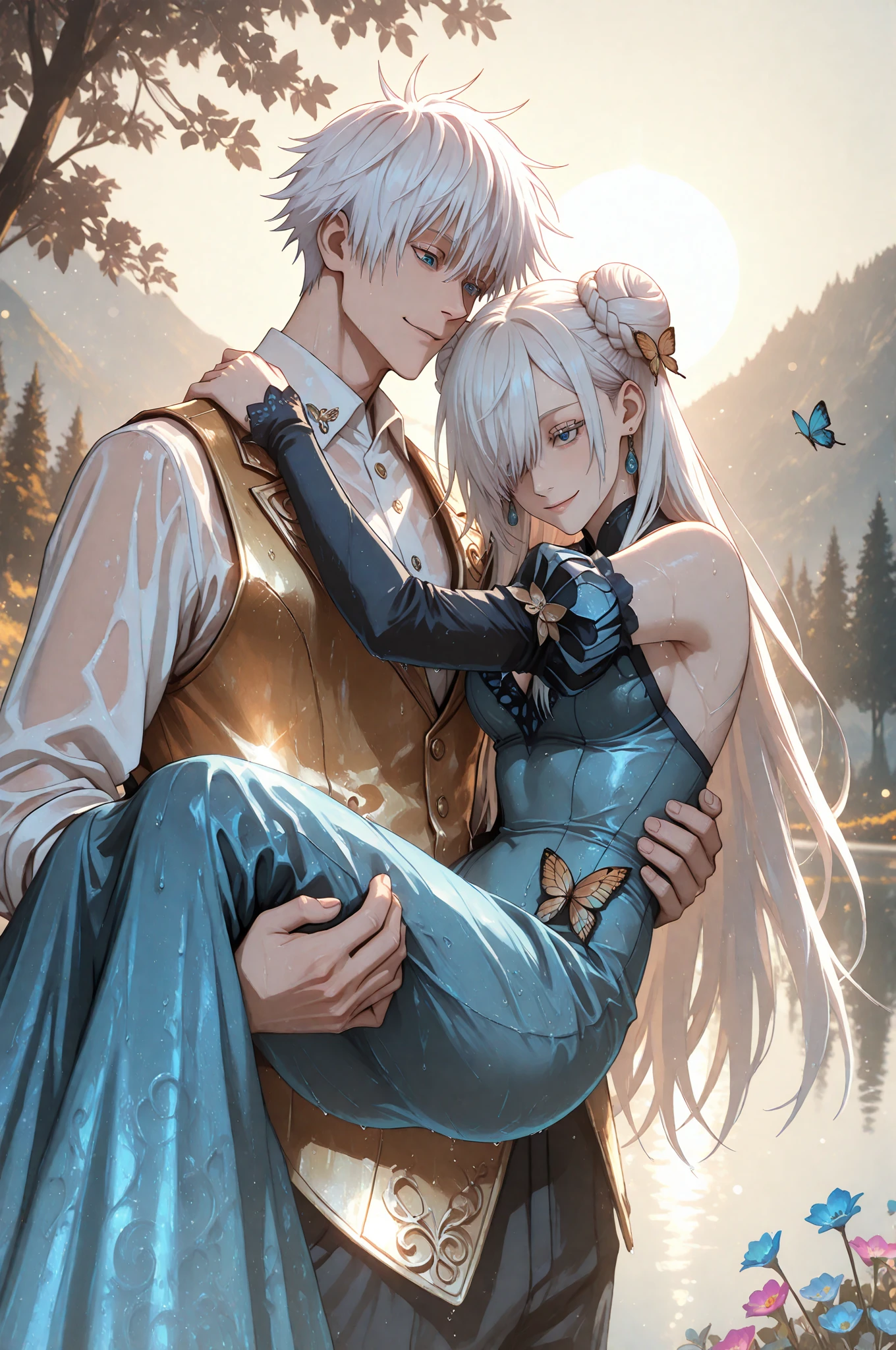Ultra detailed, HDR, Highres, absurdres, master piece, Aida, ash blonde hair with bangs, expressive green eyes, Gojou Satoru, white hair with bangs, expressive blue eyes, black clothes, white dress with patterns, Jujutsu Kaisen, flowers, butterflies, fantasy, magical, green leaves, summer, a beautiful woman together with a handsome man, couple, love, sensual, island, sexy
