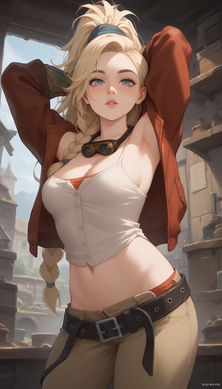 1girl, solo, front fullbody,looking at viewer,medium ,portrait,red lips,bad-girl,((mature )),tsunade(naruto),green sweater,offshoulder,collarbone,black skirt,thick thighs, green eyes,long blonde hair,hair on one eye,shiny skin,long legs,black chocker,golden earings,glowing eye,standing