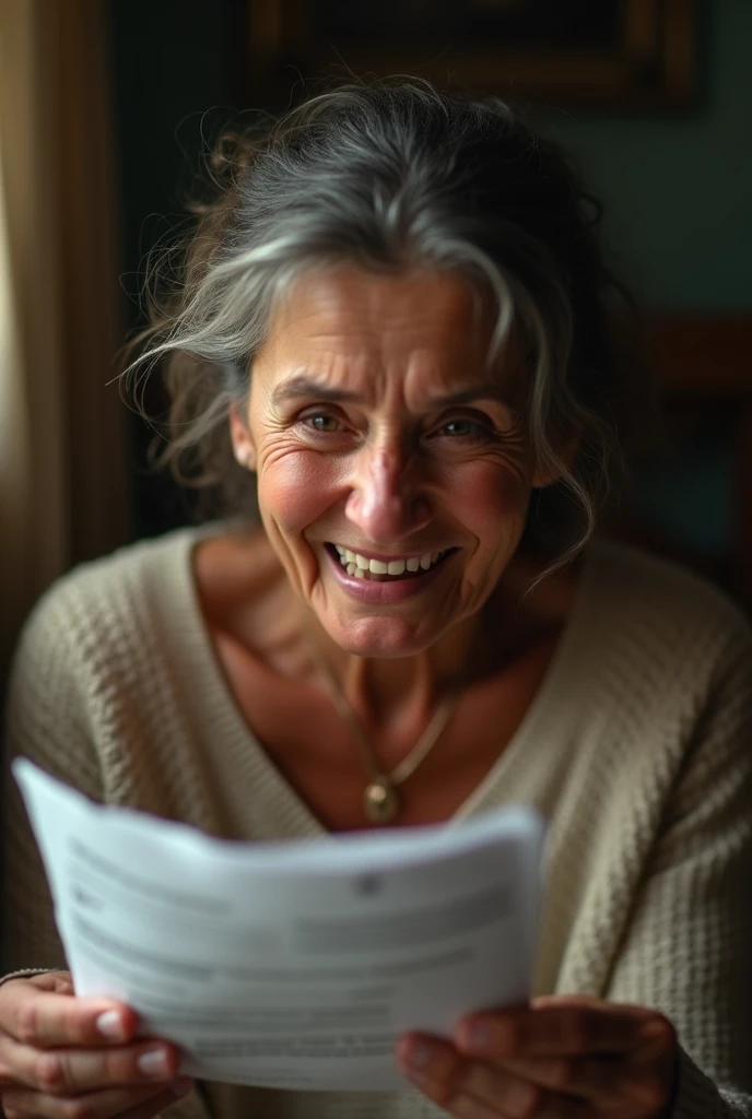 an 80 year old lady, sitting at the table, and laughing