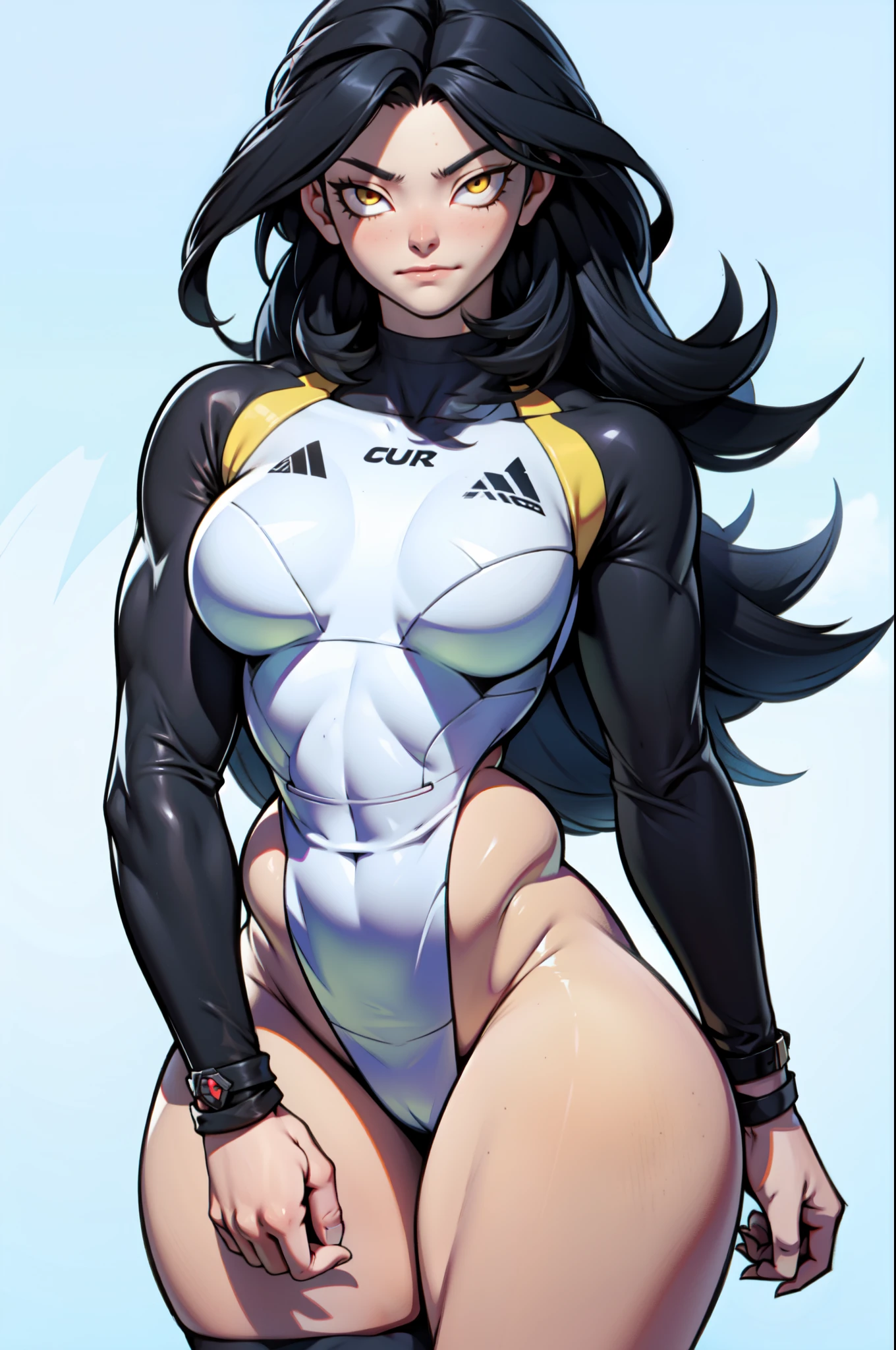 girl bodybuilder very long hair black hair yellow eyes pale skin upset