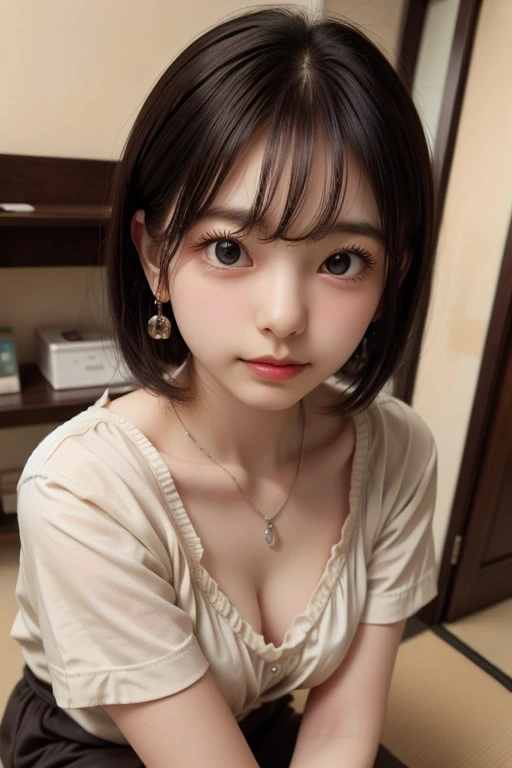 ((sfw: 1.4)), detailed face, cute face,brown eye, , extra short hair, sidelocks-hair, master piece , best quality, earrings, necklace, matured woman face , squatting , blouse , japanese , room , indoor