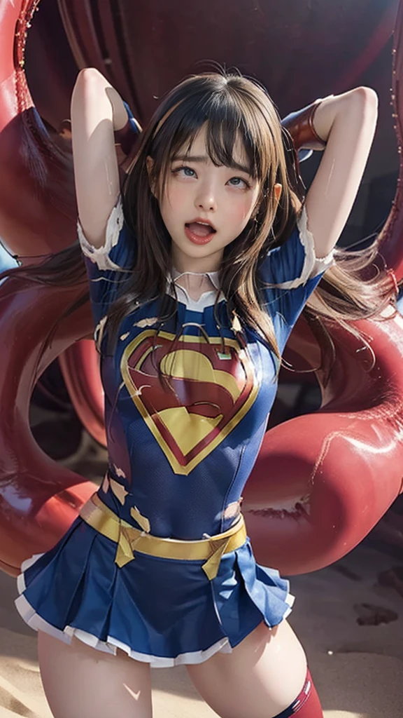 (8K、highest quality、masterpiece:1.2)、(Realism、Photorealistic:1.37)、Ultra high definition、(highest quality)、(masterpiece)、Supergirl trapped by tentacles、(Perfect fit body、Perfect fit、Perfect Thighs)、(((Wearing the Supergirl suit、skirt、Damaged、Torn、Thighs in Torn clothes、 Exposed arms)))、Long Hair、Long Hair、(((Tattered clothes、Too much exposure、Torn clothes、引き裂かれたskirt、ボロボロのskirt、White liquid all over the body、White liquid sticks to the body、 on the face、胸に白colorの液体、)))、(((The background is a prison、Hands clasped behind head、Surrounded by tentacles、The body is connected by many tentacles.、Hands bound by tentacles、The legs are tied with tentacles、Tentacles groping the whole body、color々Mature woman posing))),(Open your mouth、Scream、painでうめき声をあげる, painを感じ, Flowing Tears:1.5), pain, Painful and crying、A meat stick is stuck in his crotch、