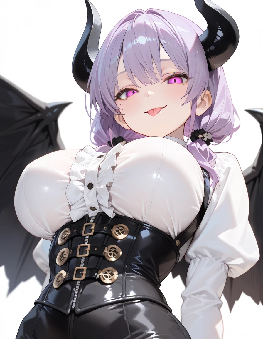 Anime style demon female with long curly lavender hair, demonic goddess, succubus, curvy, thicc, has horns, has small bat wings, elf ears, has a lace outfit with ruffles and frills, pretty dress with a plunging necklace, has gold accessories, cute expression on her face, heart accents on clothing, dynamic pose, perfect eyes, perfect masterpiece, posed with her arms behind her back, solo, alone, (SOLO)(ALONE), wearing lipstick